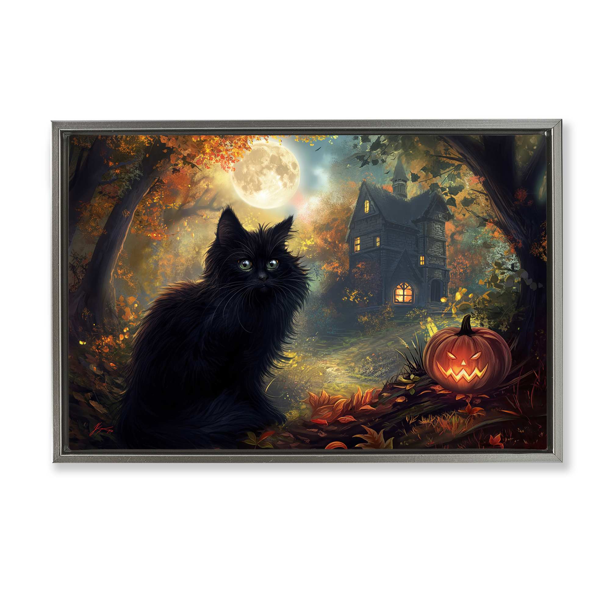 Stupell Industries BT-334-FFL-16X24 Black Cat and Haunted Mansion Gray Framed Floater Canvas Wall Art By Wumples 25 x 17