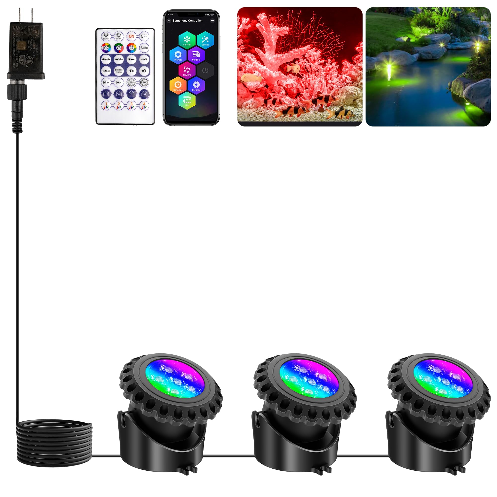 Oyezvary  Colored Pond Lights with Timer LED Underwater Submersible Fountain Fish Tank Landscape Lights Bluetooth APP and Remote Control IP68