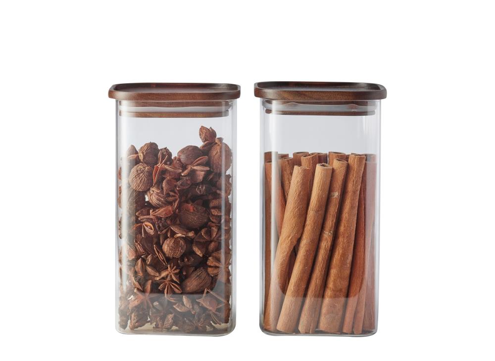 Essos Square Glass Jars with Wooden Lids, Set of 2 Airtight