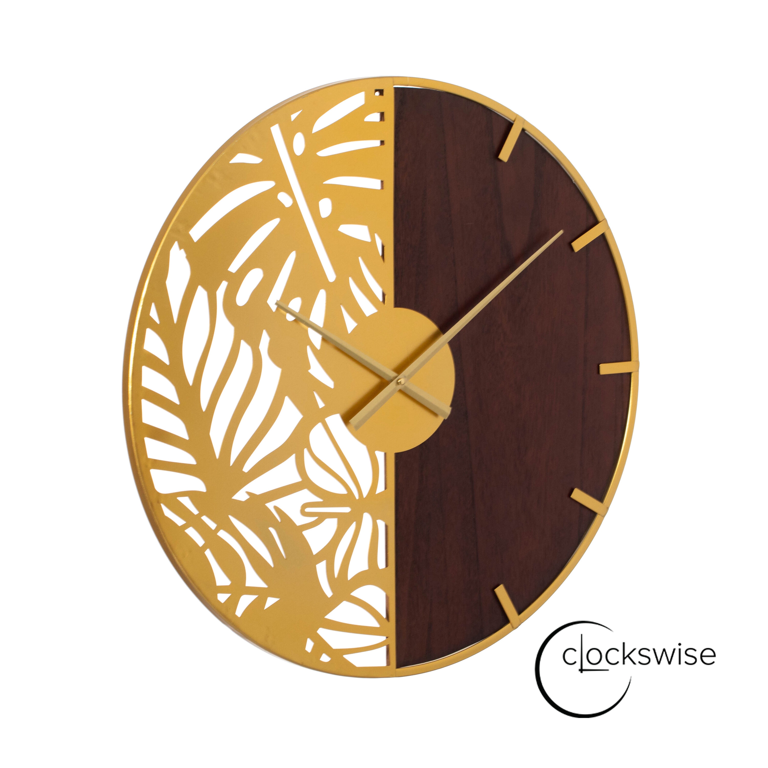 24" Brown Wood and Gold Metal Leaf Cutout Oversized Wall Clock