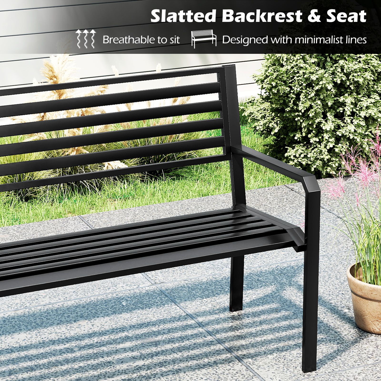 Slickblue Outdoor Garden Metal Bench with Slatted Seat and Armrests for ...