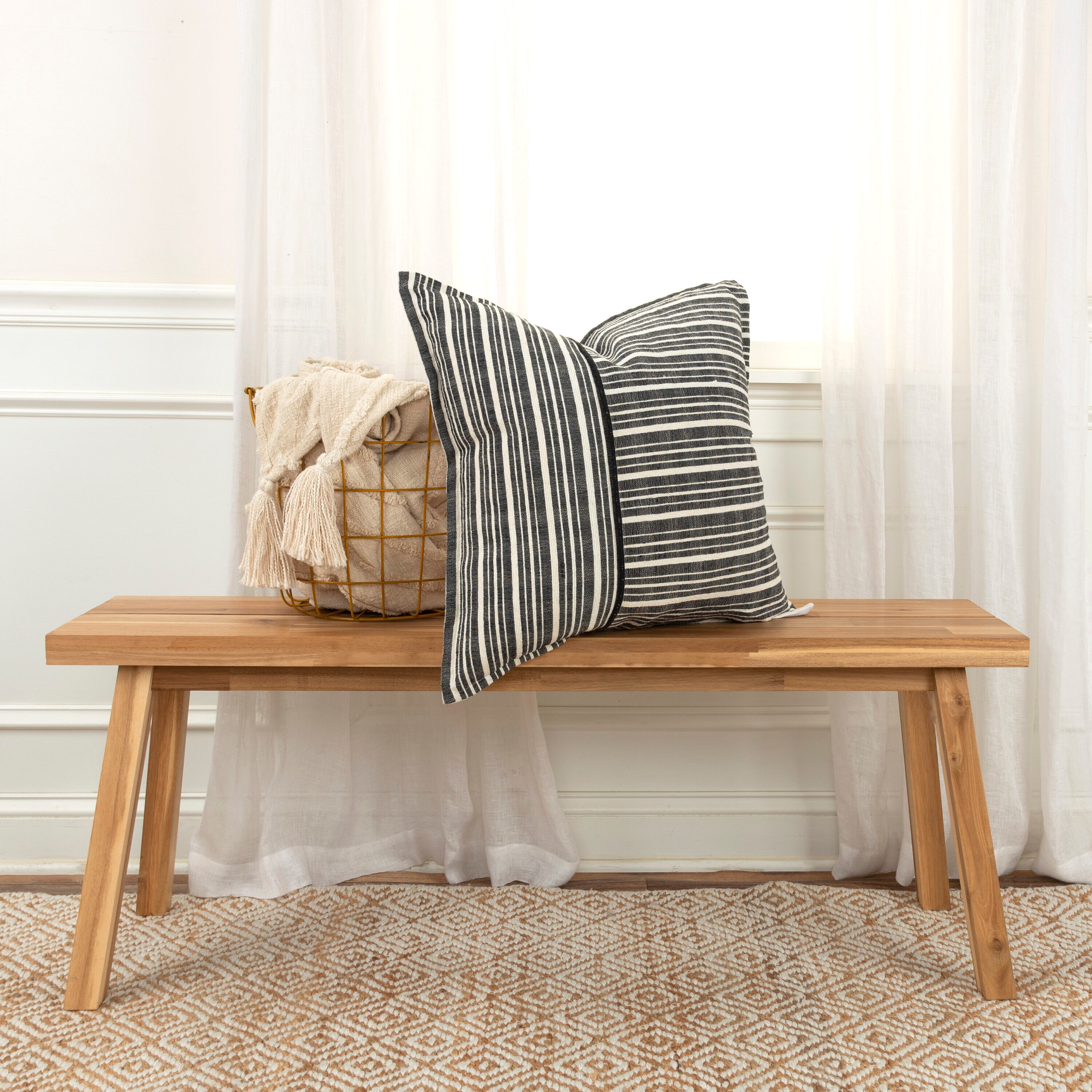 Black and Ivory Embroidered Striped Square Throw Pillow