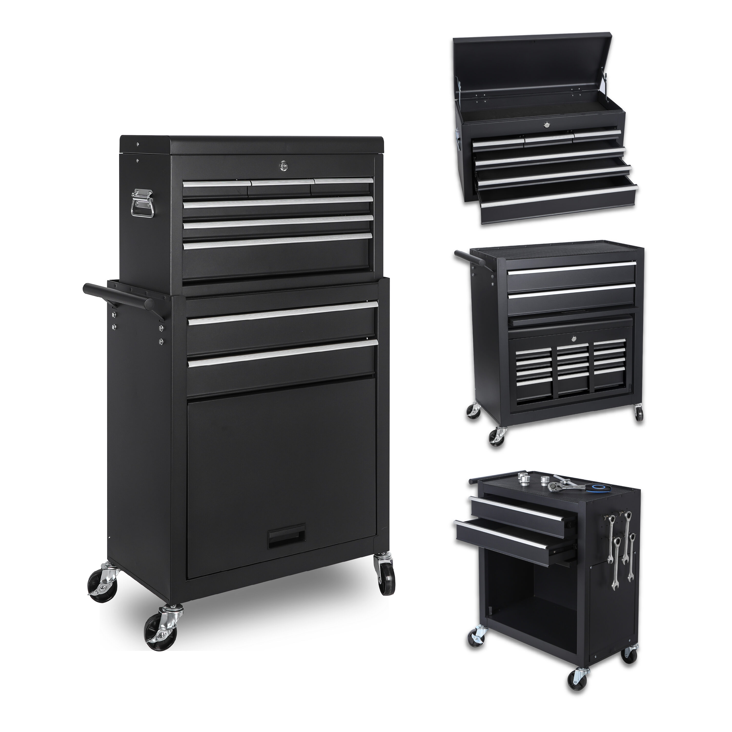 GDFStudio Tool Chest 8 Drawer Rolling Tool Storage Cabinet with 2 in 1 Detachable Top Tool Box Liner Lockable Wheels Side Hooks Locking Mechanism Metal Tool Cart for Garage Black
