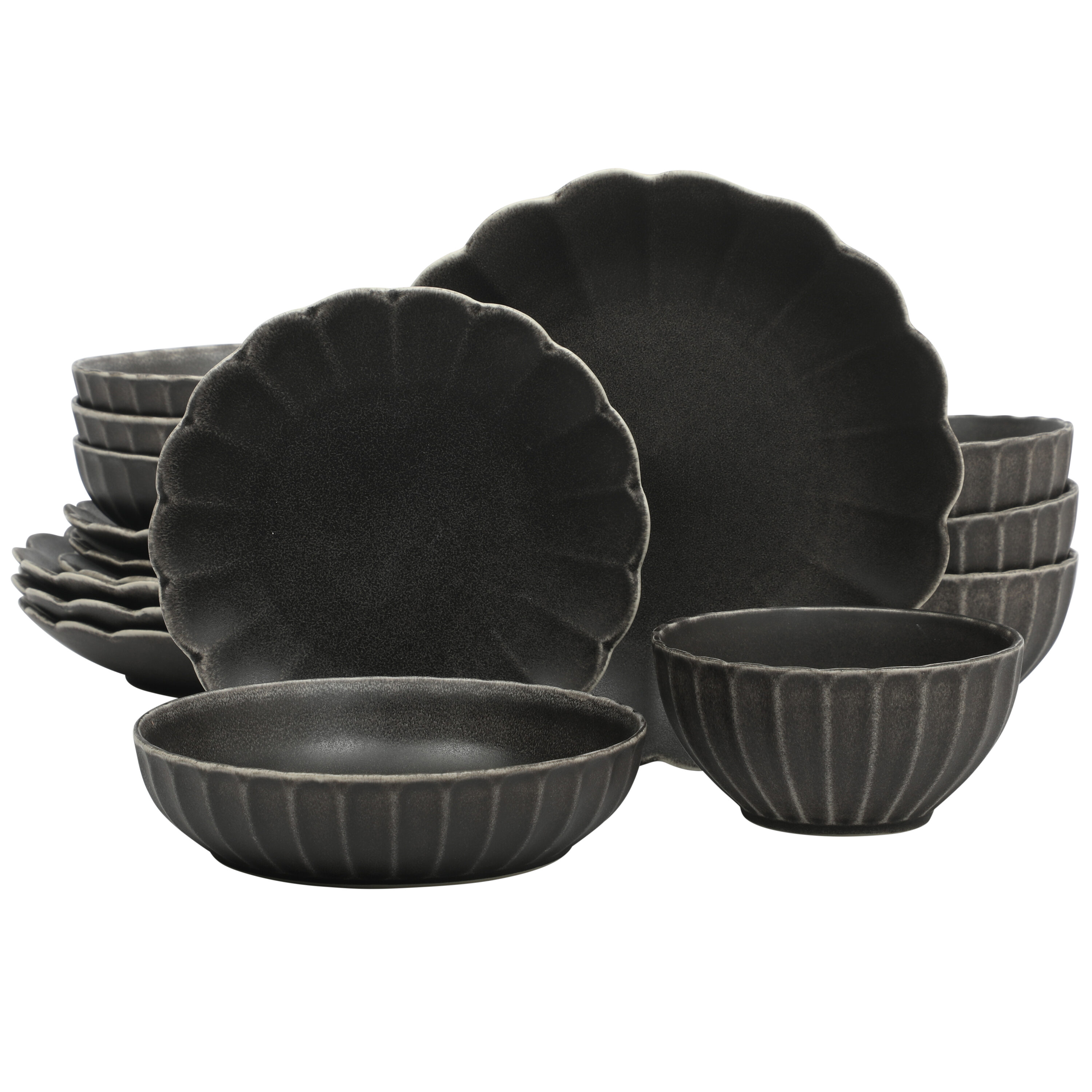 Gibson Elite 149658.16R Malibu Shore 16 Piece Scallop Stoneware Reactive Glaze (Service for 4) Ceramic Plates and Bowls Dinnerware Set - Black