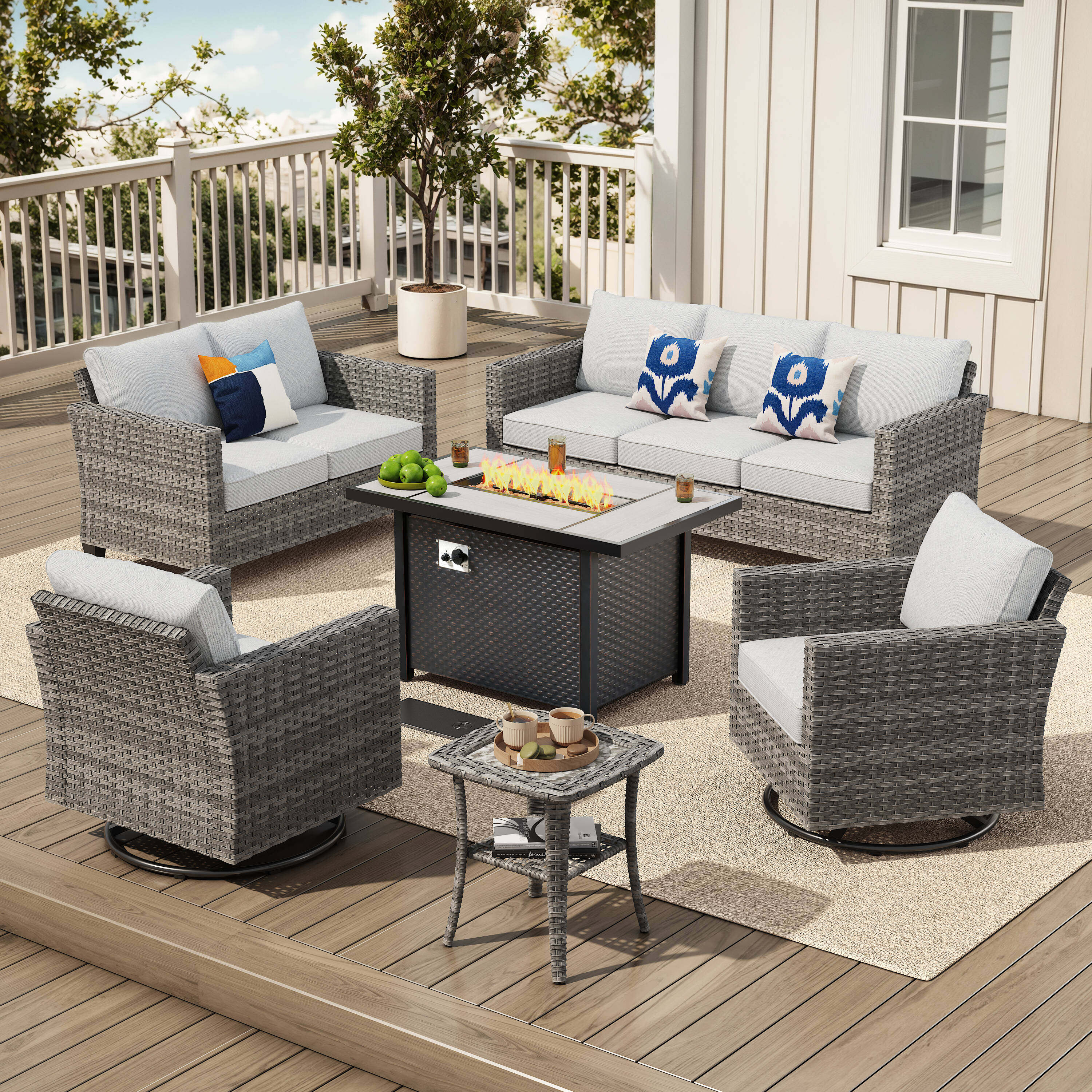 Pouuin SCFPYZG705 6 -Piece Wicker Patio Sofa Conversation Set with Gray Cushions