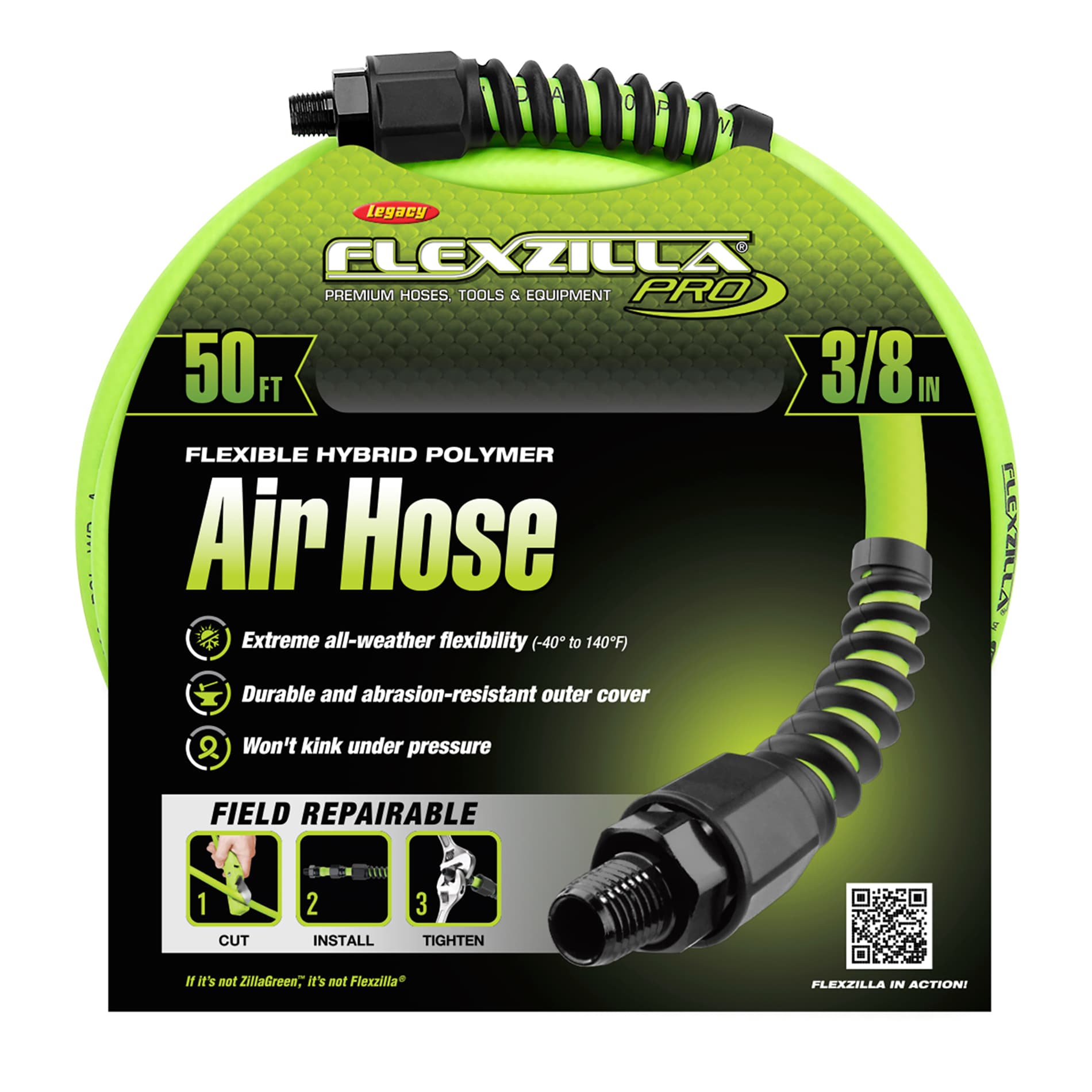 Flexzilla Pro Air Hose, 3/8-in x 50-ft, 1/4-in Mnpt Fittings in