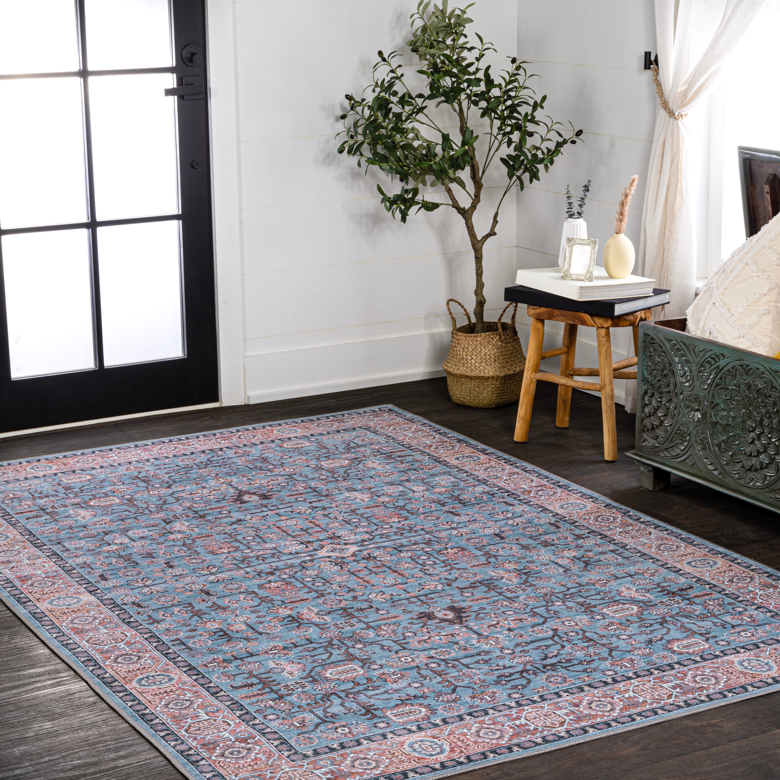 Persian-Inspired Blue and Red Chenille Washable Area Rug