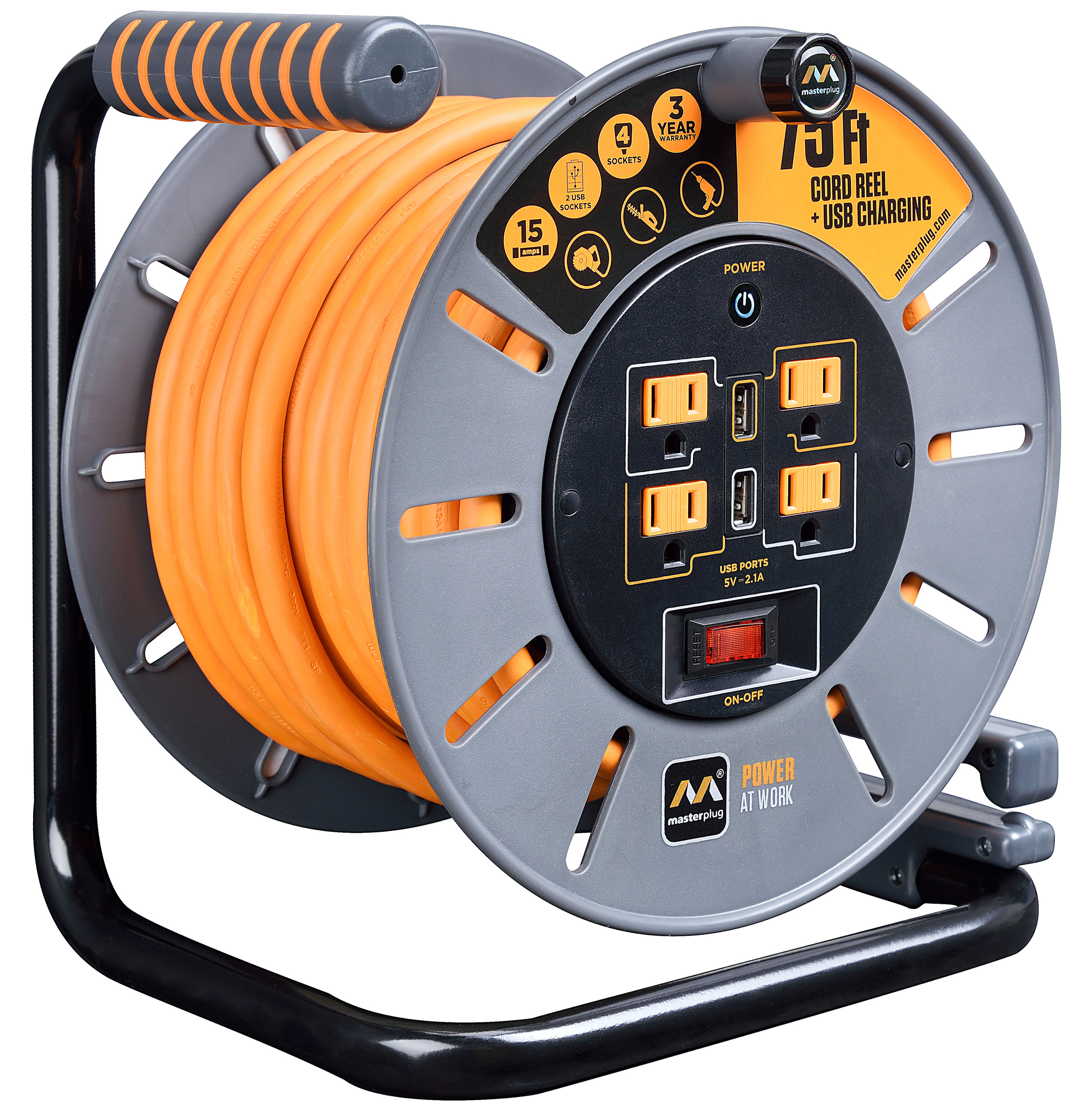 Masterplug 75Ft 4 Sockets 15A 12Awg Large Open Reel with Usb Charging ...