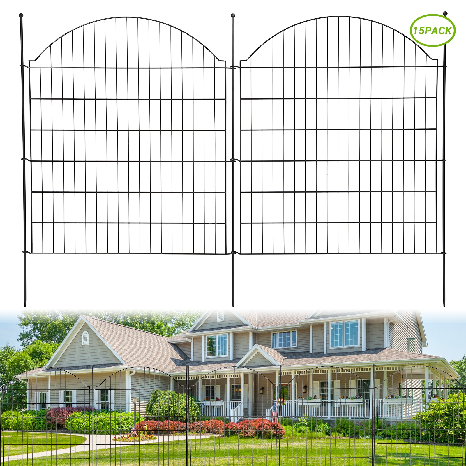IdealHouse Rustproof Metal Garden Fence Panels No Dig Decorative Animal Barrier for Yard Patio Flower Beds 15 Pack Arched Top 29inW x 32inH Includes Mesh Panels Ground Plugs Wooden Mallet Upper arc 15 pieces excluding door