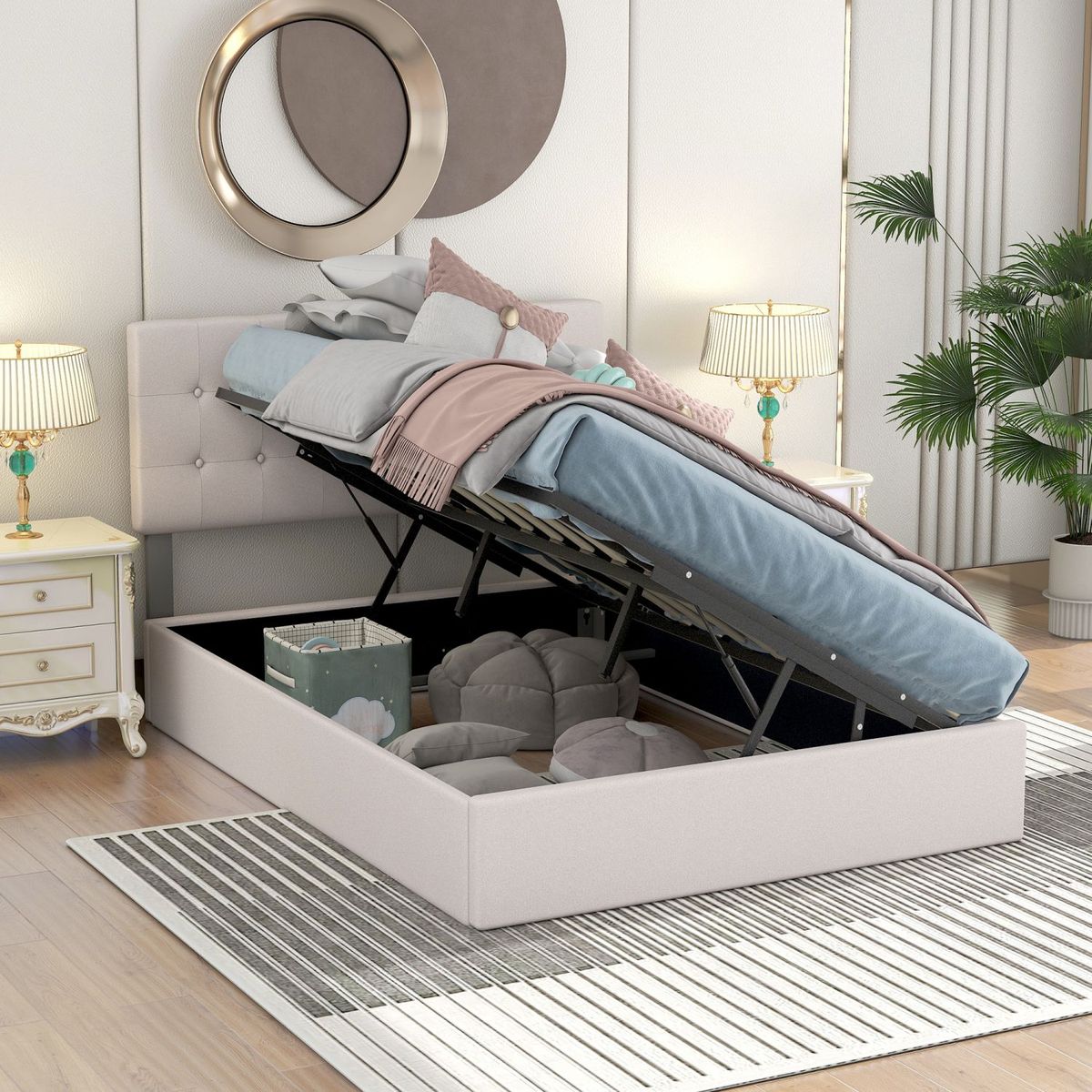 JASMODER GX001903AAA Beige Full Composite Platform Bed with Storage