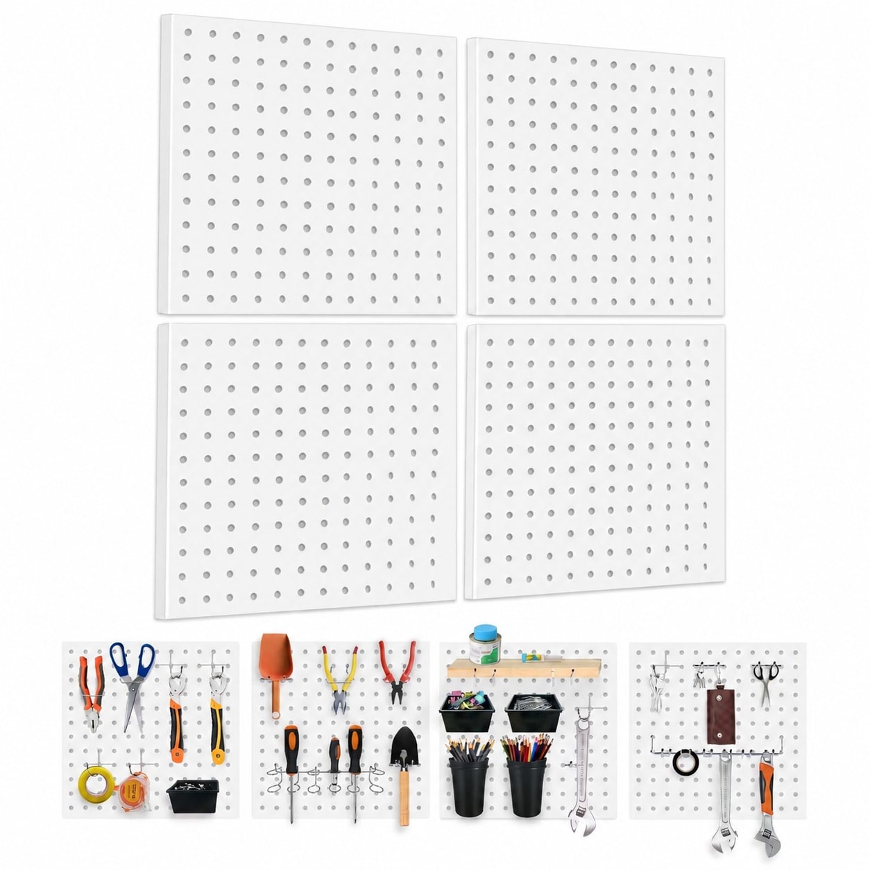 Vrbgify  8 pcs White Metal Pegboard Organizer Set Heavy Duty Steel Wall Panel for Garage Workshop Office Kitchen Craft Room Tool Storage