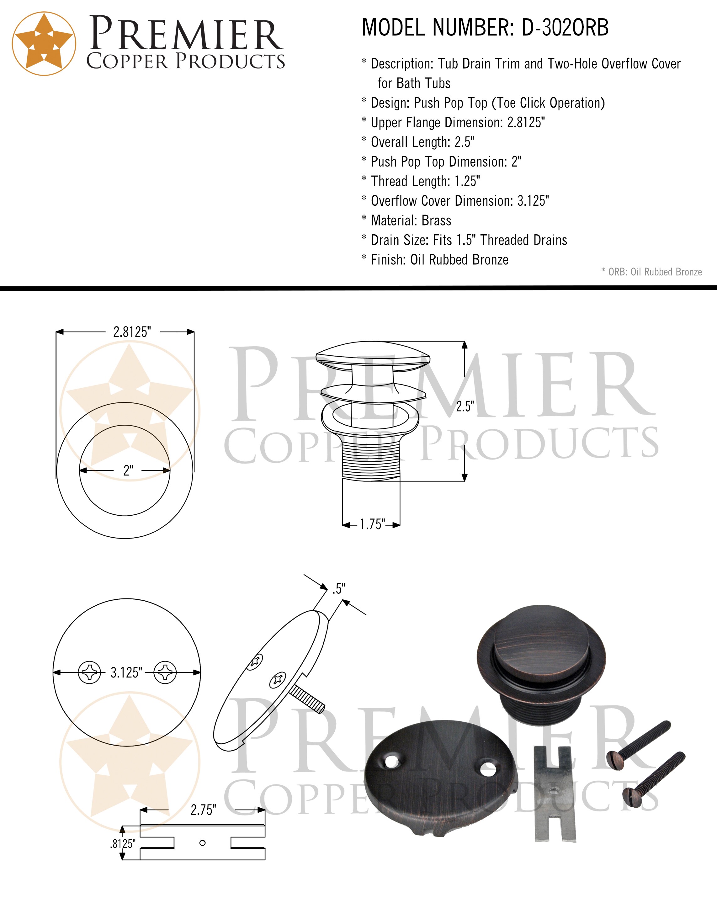 PREMIER COPPER PRODUCTS D-302ORB Tub-Drain - View #6