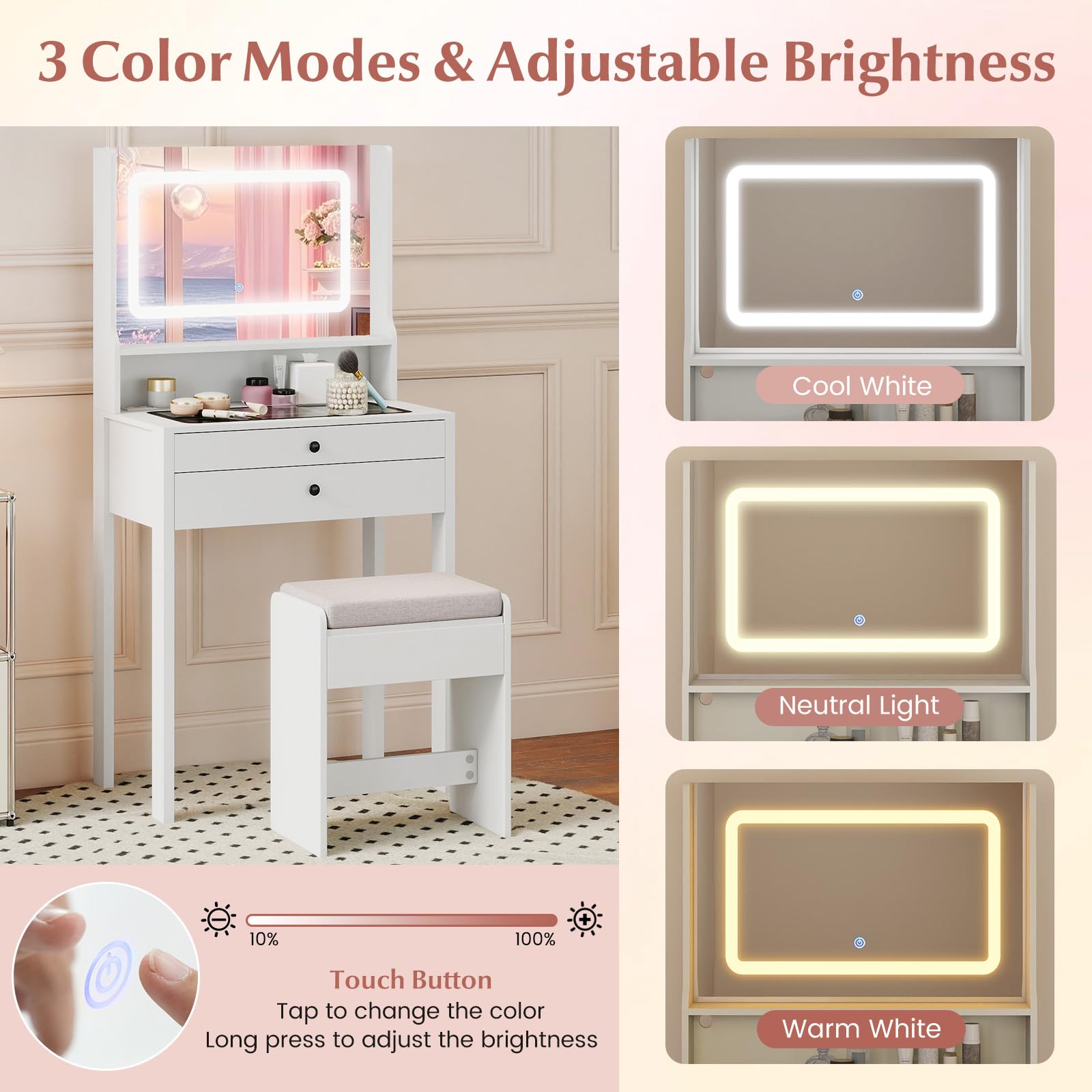 Volenca Small Vanity Desk Set with 3-Mode Lighted Mirror Glass Top 2 ...