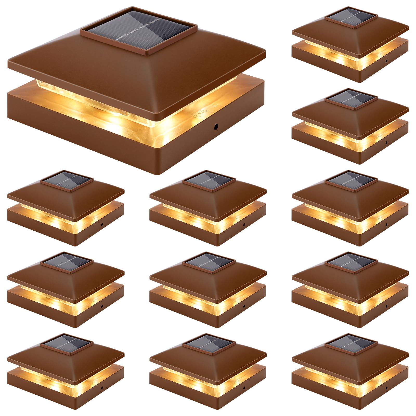 Afoxsos  Solar Post Cap Lights Outdoor 12pack Brown Waterproof Solar Powered Deck Fence Post Lights Fit Four by Four Wood Vinyl Posts Bright Warm