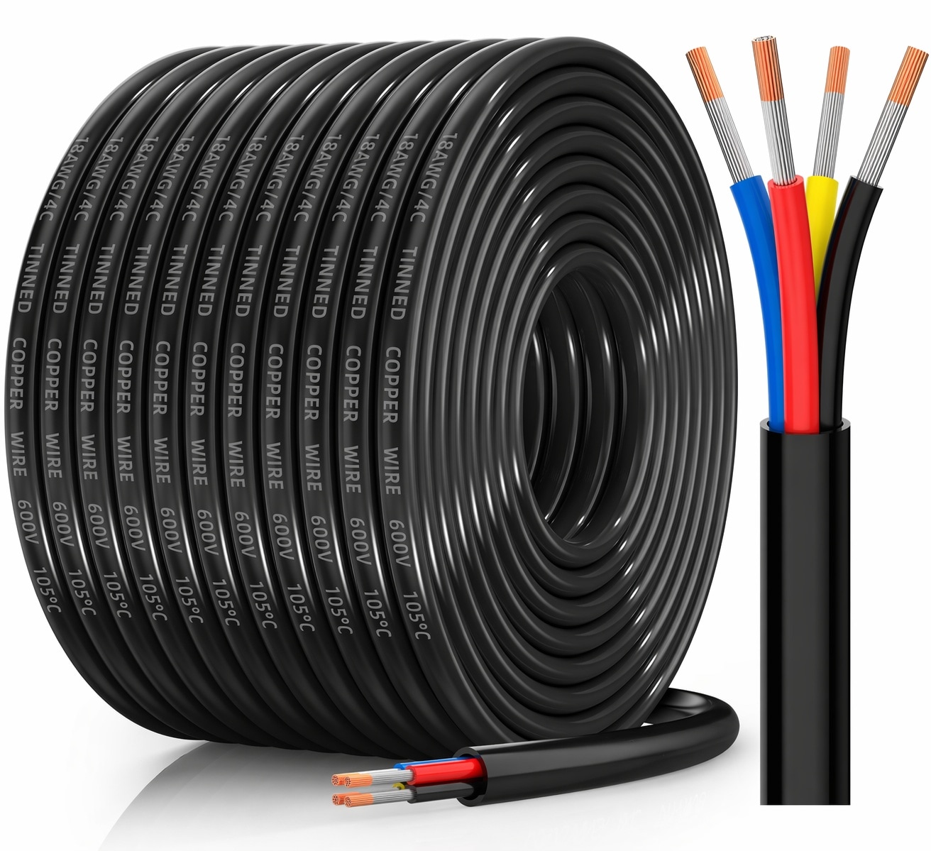 Aoibox 100 Foot 18 AWG 4 Conductor Multi Core Electrical Wire Cable Tinned Copper PVC Insulated Low Voltage #LABJ8ENV