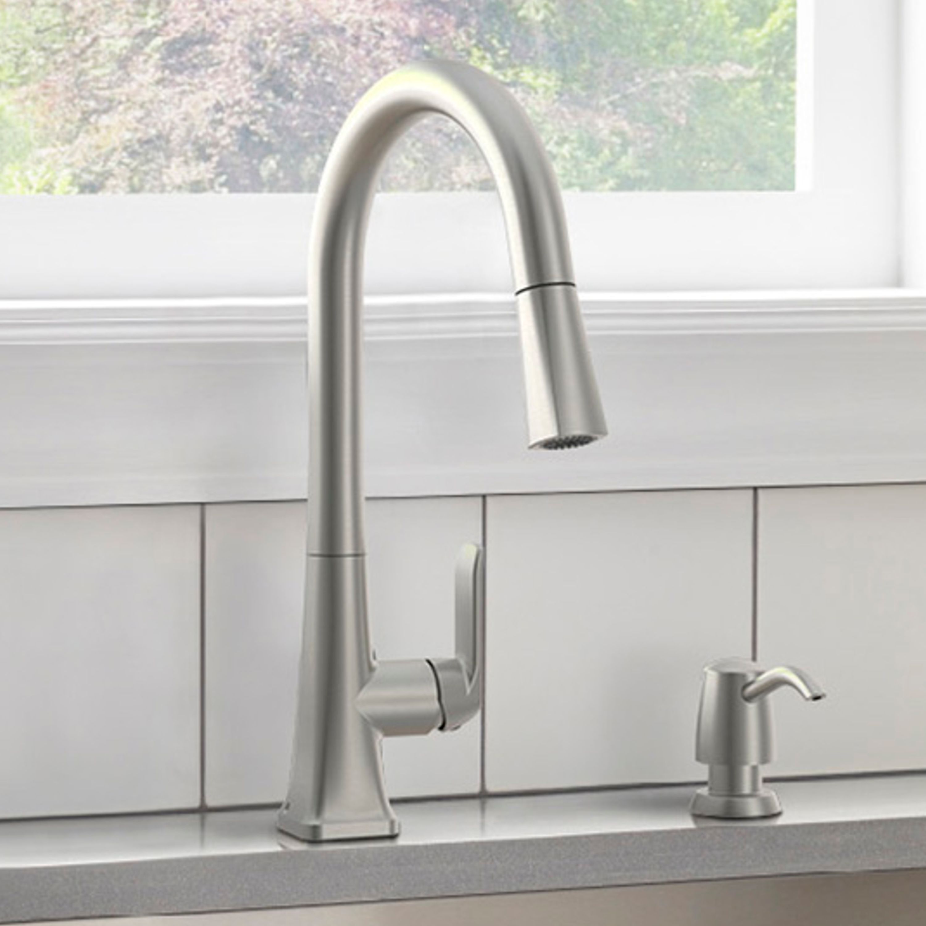 allen + roth FP1B4248SP Dunmore Spot Resist Stainless Single Handle Deck-mount Pull-down Kitchen Faucet with Sprayer (Includes Deck Plate) (Includes Soap Dispenser)