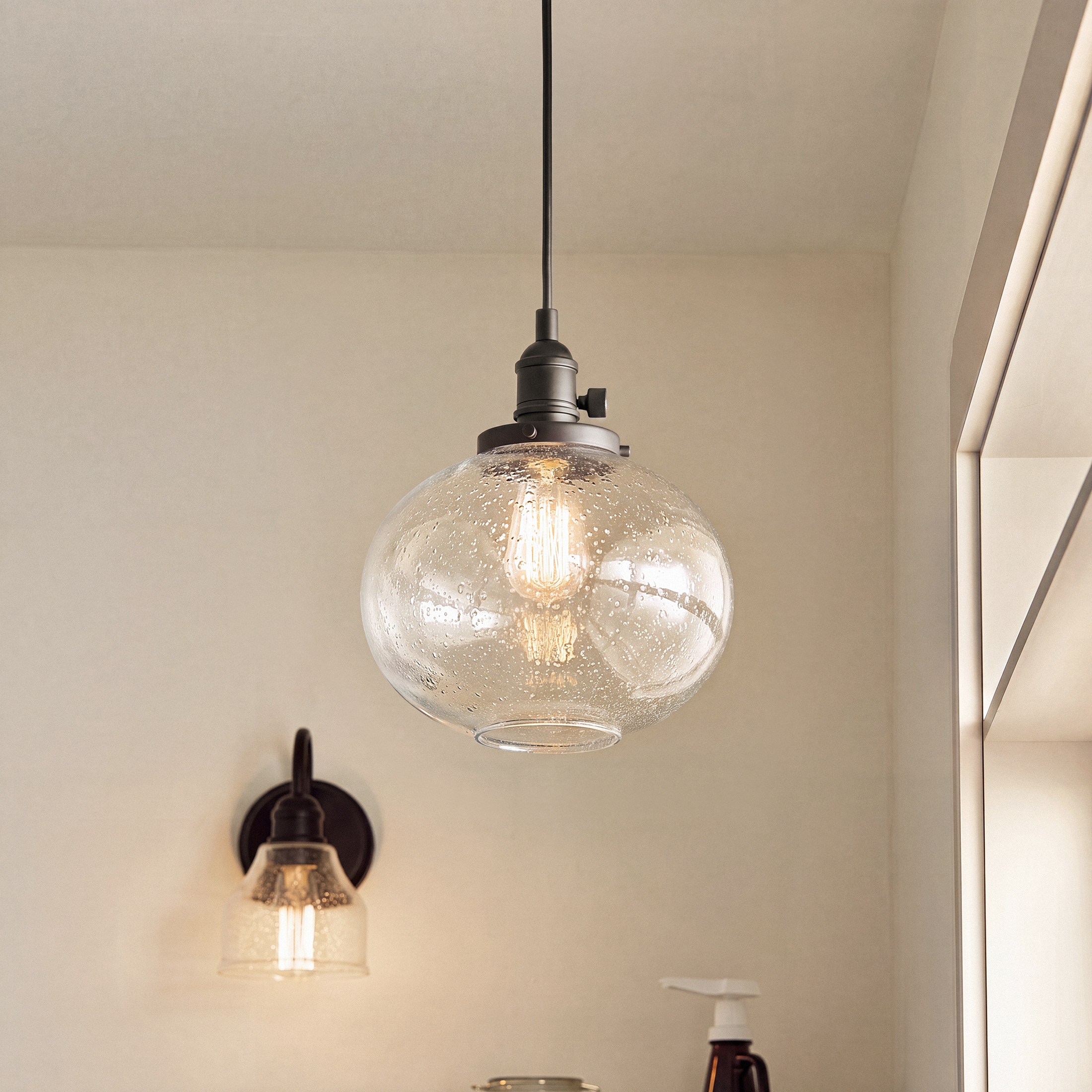 Kichler Avery 1 -Light Olde Bronze Industrial Seeded glass Globe Small Hanging Pendant Light