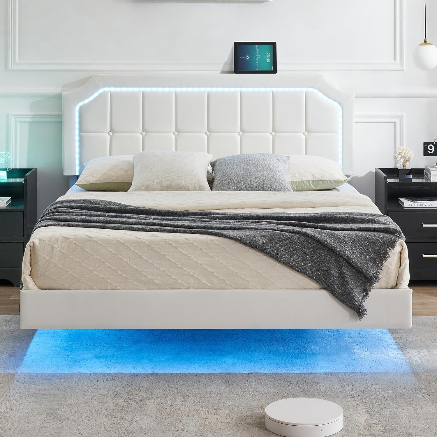Qeetex PD-PHO-11UBFFEH Queen Floating Bed Frame With Upholstered Headboard-RGB LED Lights-No Box Spring Needed-Easy Assembly-White