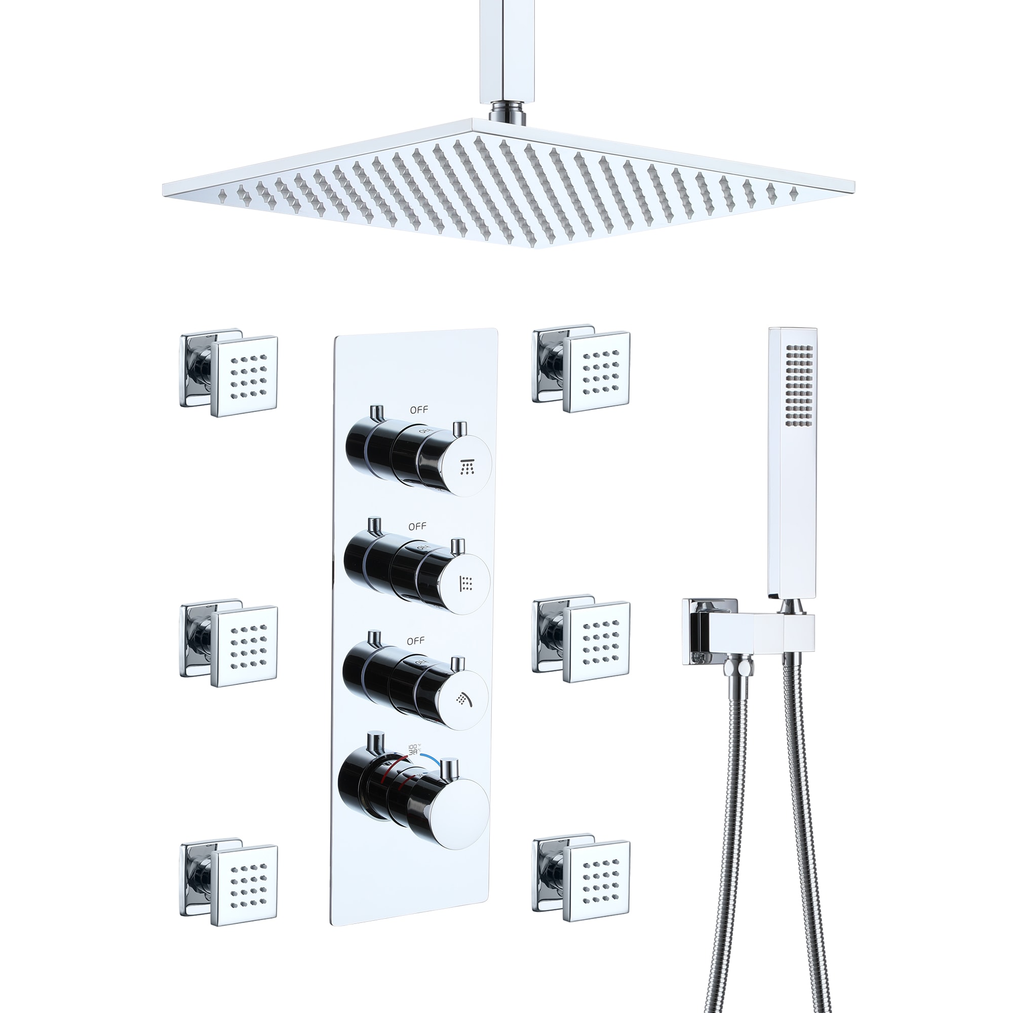 CASAINC WE-SS08CH Chrome 12-in Waterfall Dual Head Built-In Shower Faucet System with 3-way Diverter ( Pressure-balanced Valve Included )