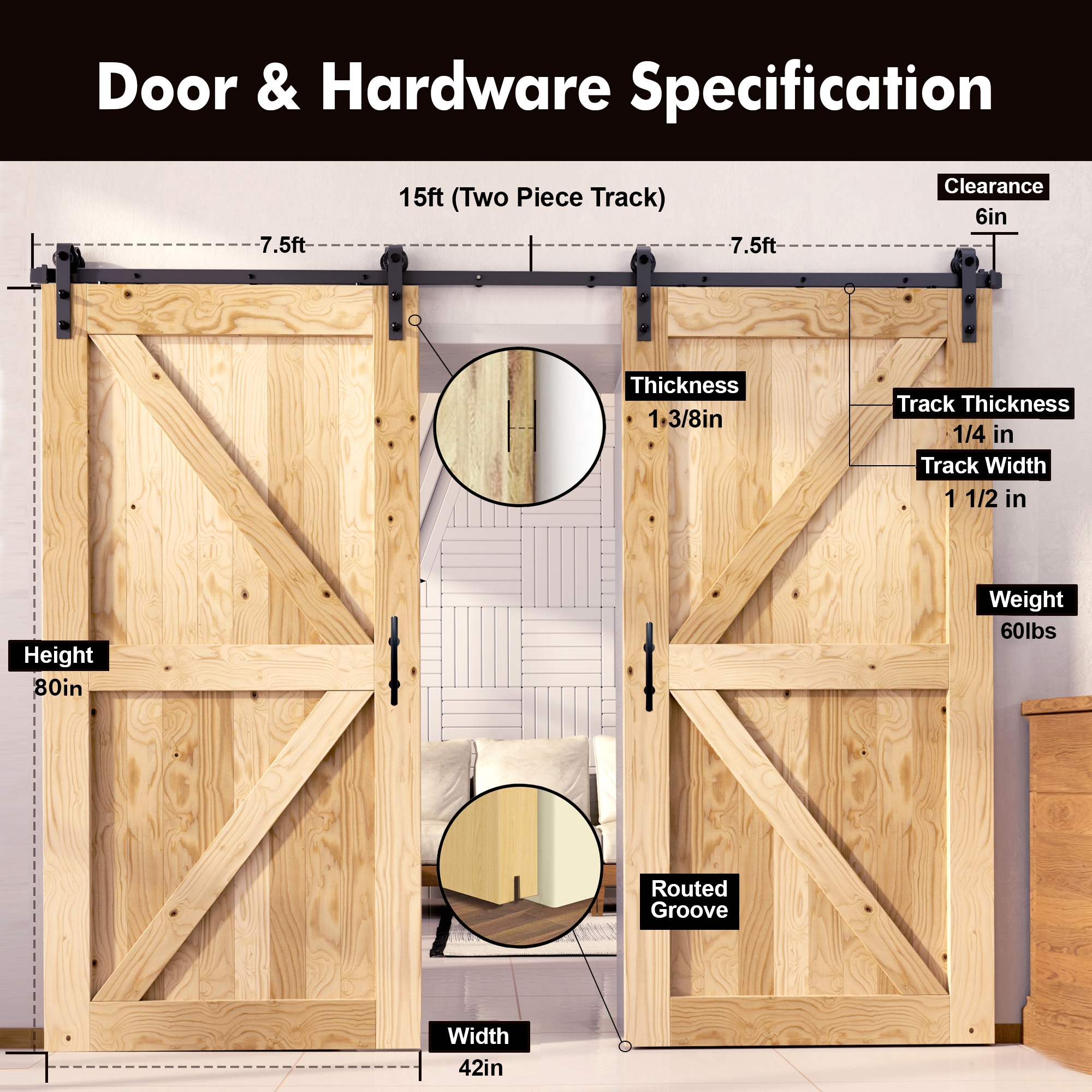 HOMACER YT2TGH180C-4280-FR Barn-Doors - View #2