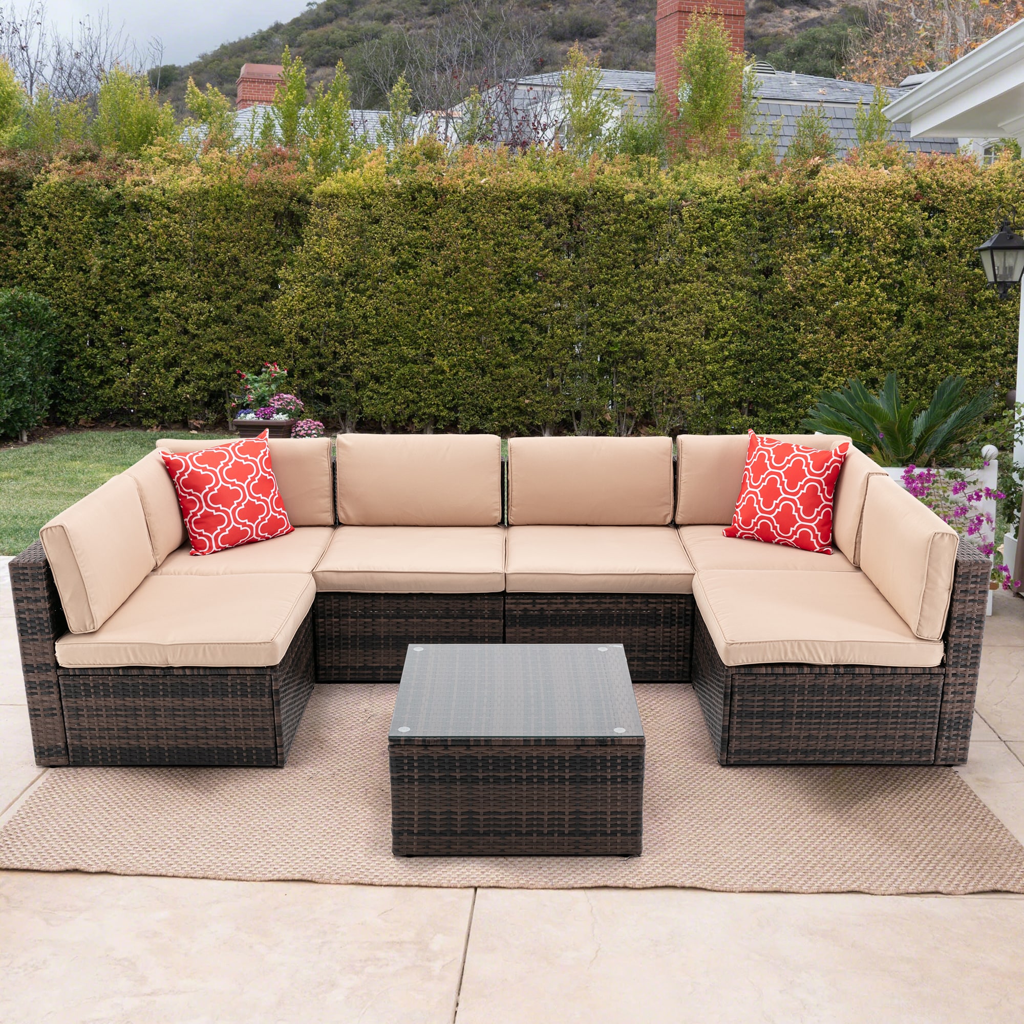 Bayfeve BF-0020HF 7 -Piece Wicker 2 Patio Sofa Conversation Set with Brown Cushions
