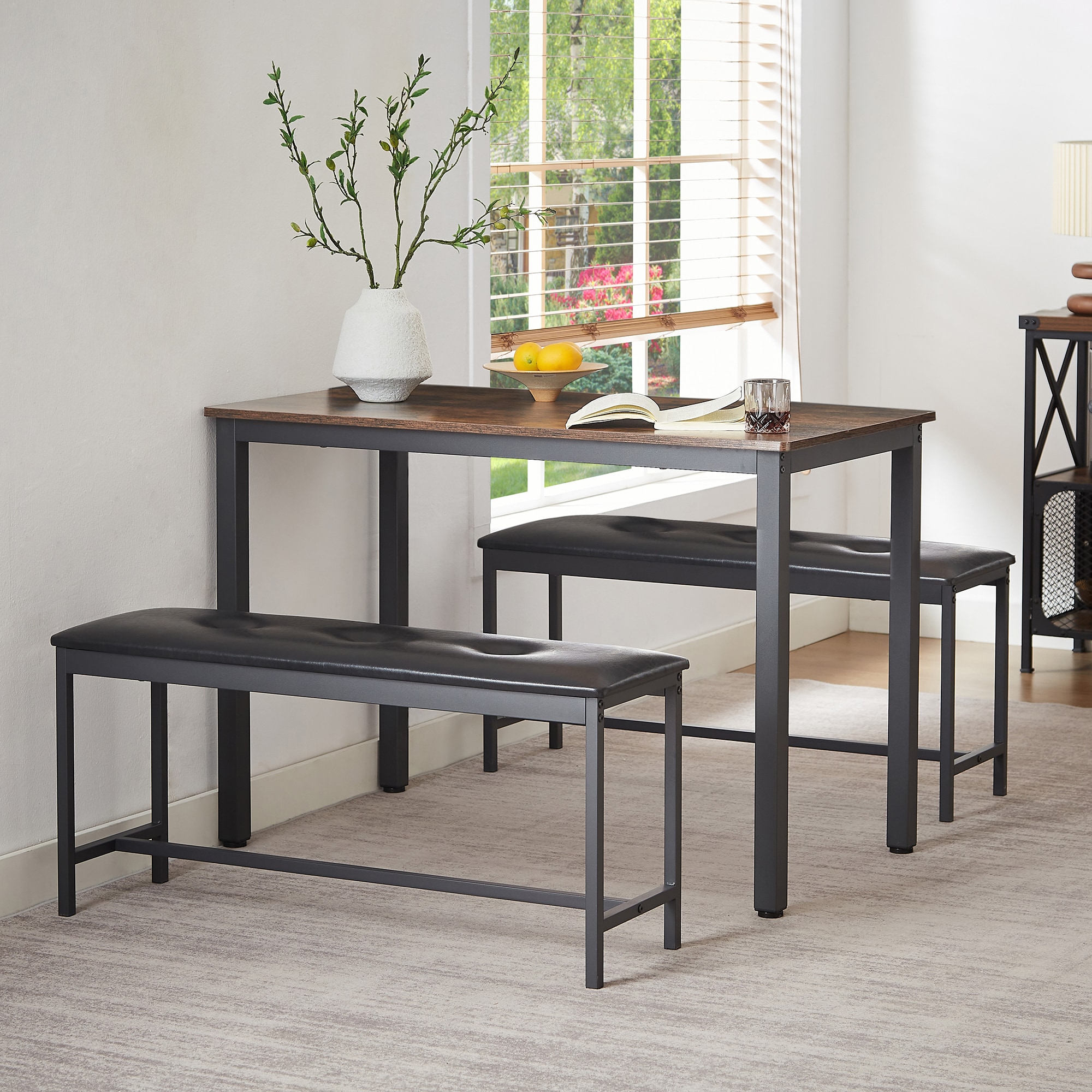 Rustic Brown and Black 3-Piece Dining Table Set with Benches