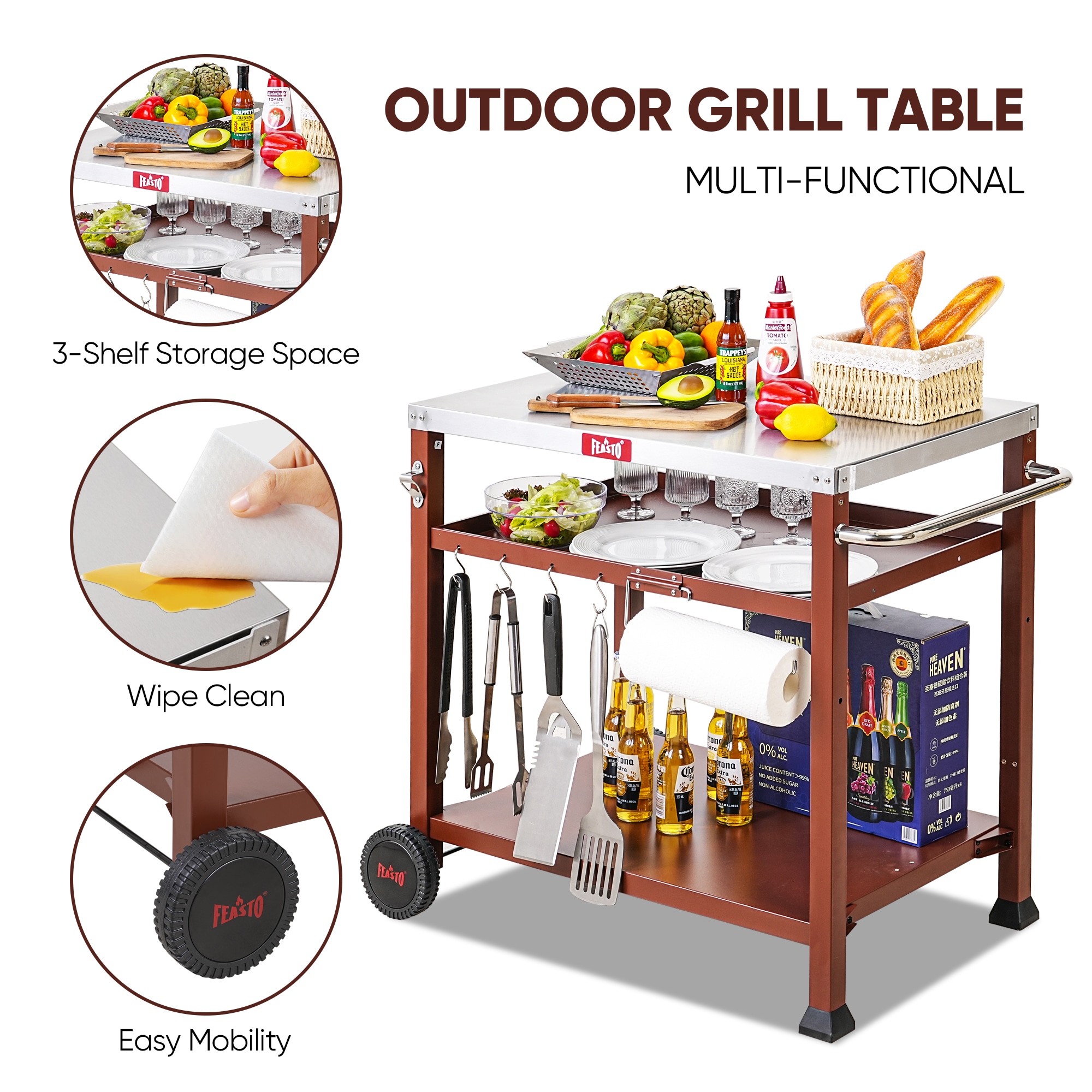 Three-Shelf Red and Stainless Steel Outdoor Grill Cart