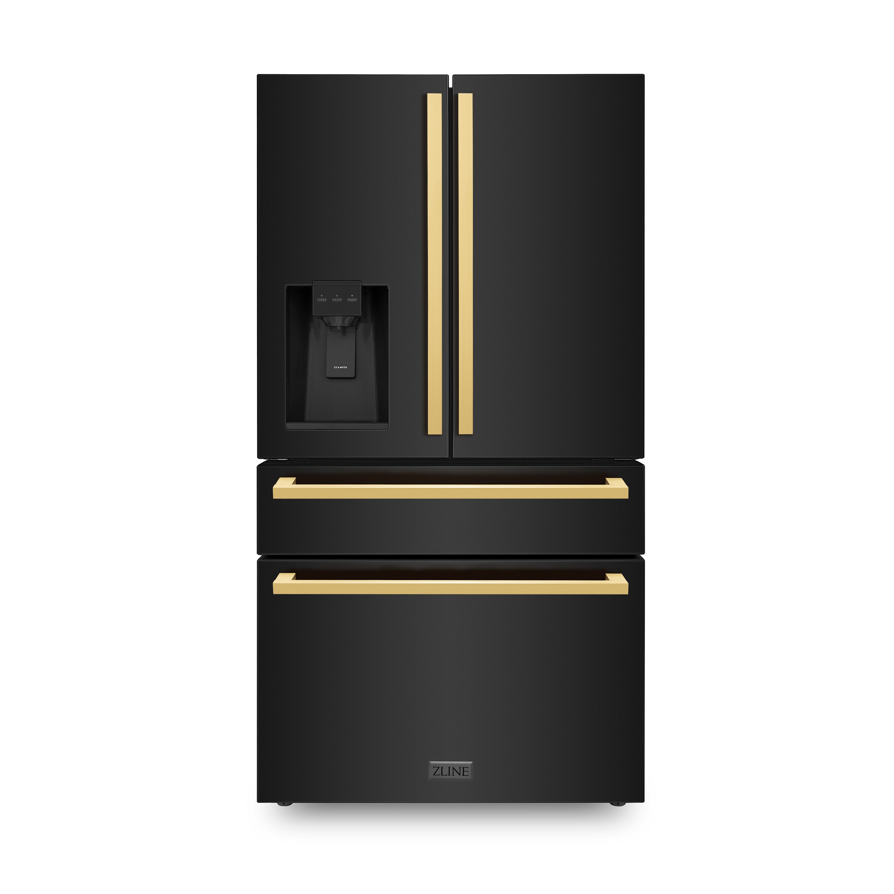ZLINE KITCHEN & BATH RFMZ-W-36-BS-FG Counter-Depth 21.6-cu ft 4 -Door French Door Refrigerator with Ice Maker with Water and Ice Dispenser ( Black Stainless Steel with Flat Polished Gold Handle ) ENERGY STAR Certified