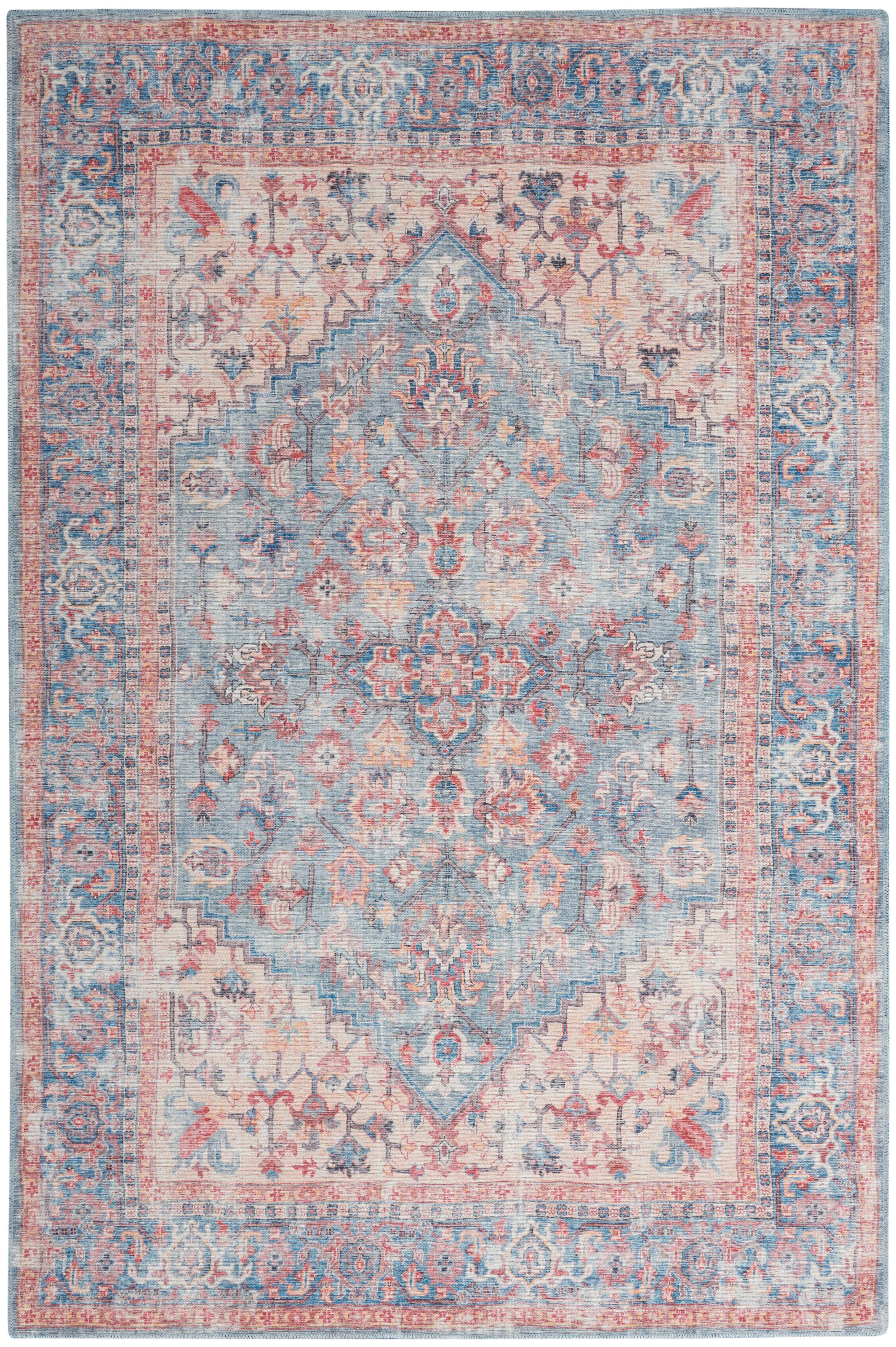 Vintage-Style Blue Floral Medallion Cotton Chenille Area Rug, 5'3" x 7'3"