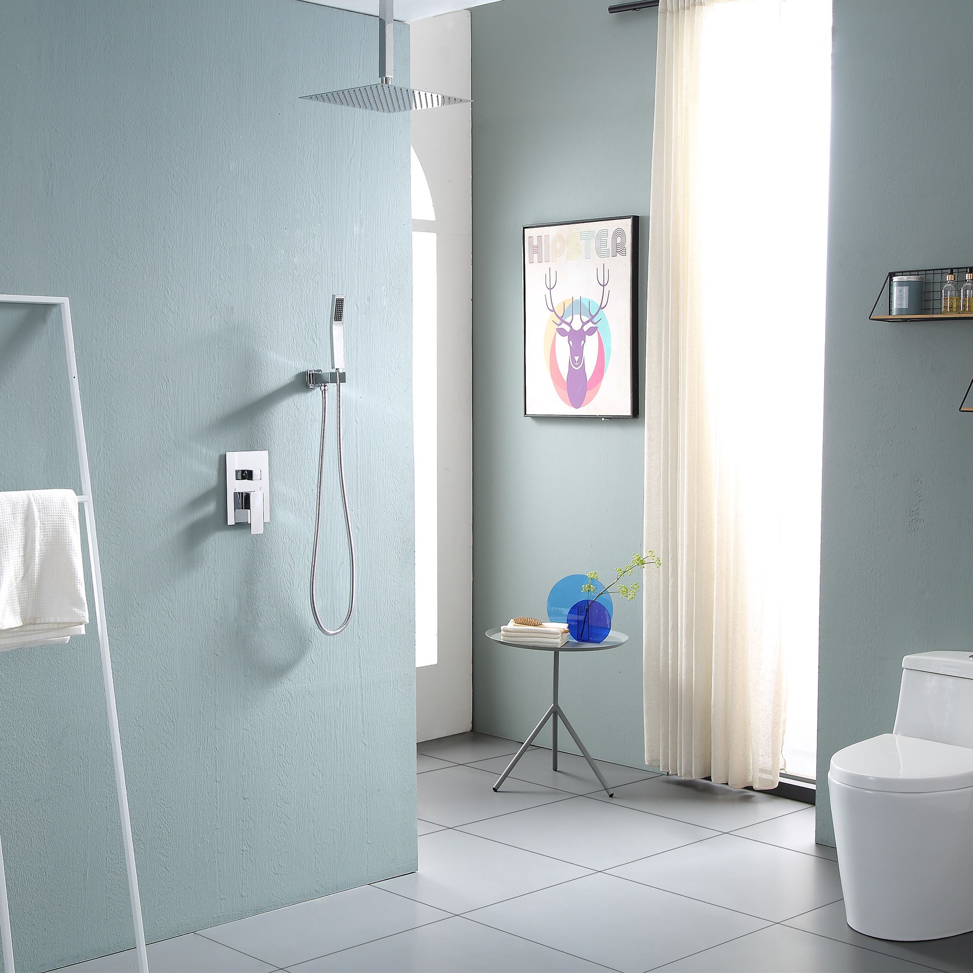 Tatayosi 16-inch High Pressure Rain Shower Head Ceiling Mount Square Stainless Steel With Stainless Steel Shower Hose and Handheld Spray