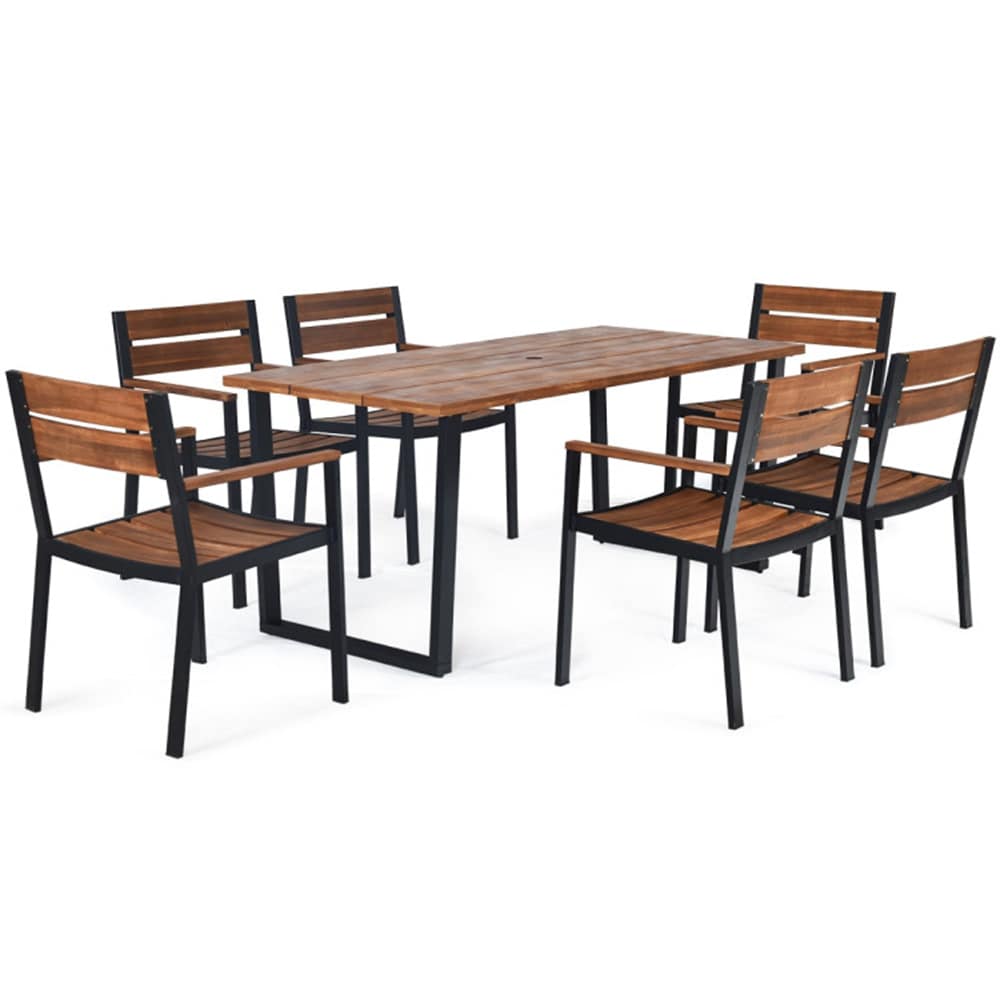 BABOOM BOM-223AAEORGO Patio Dining Set 7 -Piece Black Patio Dining Set Wood Rectangle Table with 6 Stationary Chairs