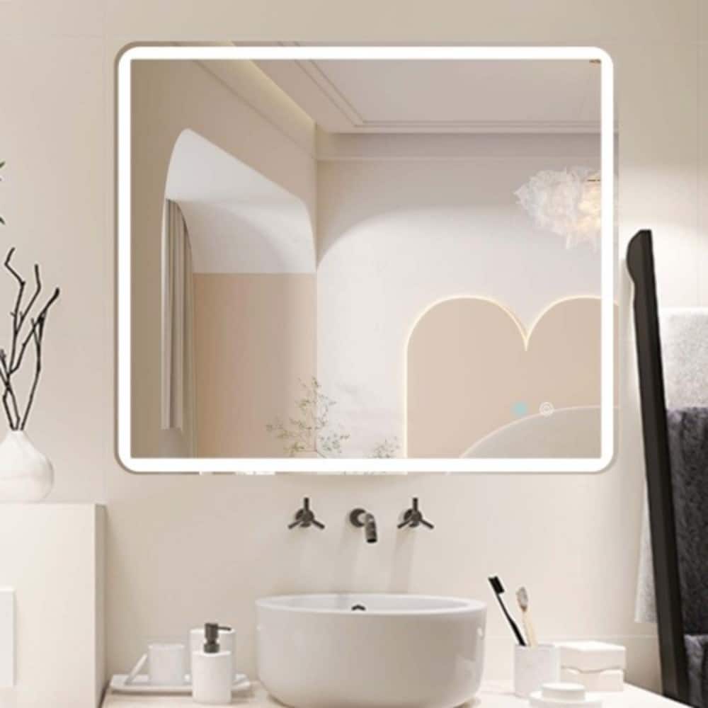 AAZJ BG-AC-4236-M Bathroom Mirrors 42-in x 36-in Beveled Frameless Rectangle Dimmable LED Lighted Fog Free Bathroom Vanity Mirror ( Natural )
