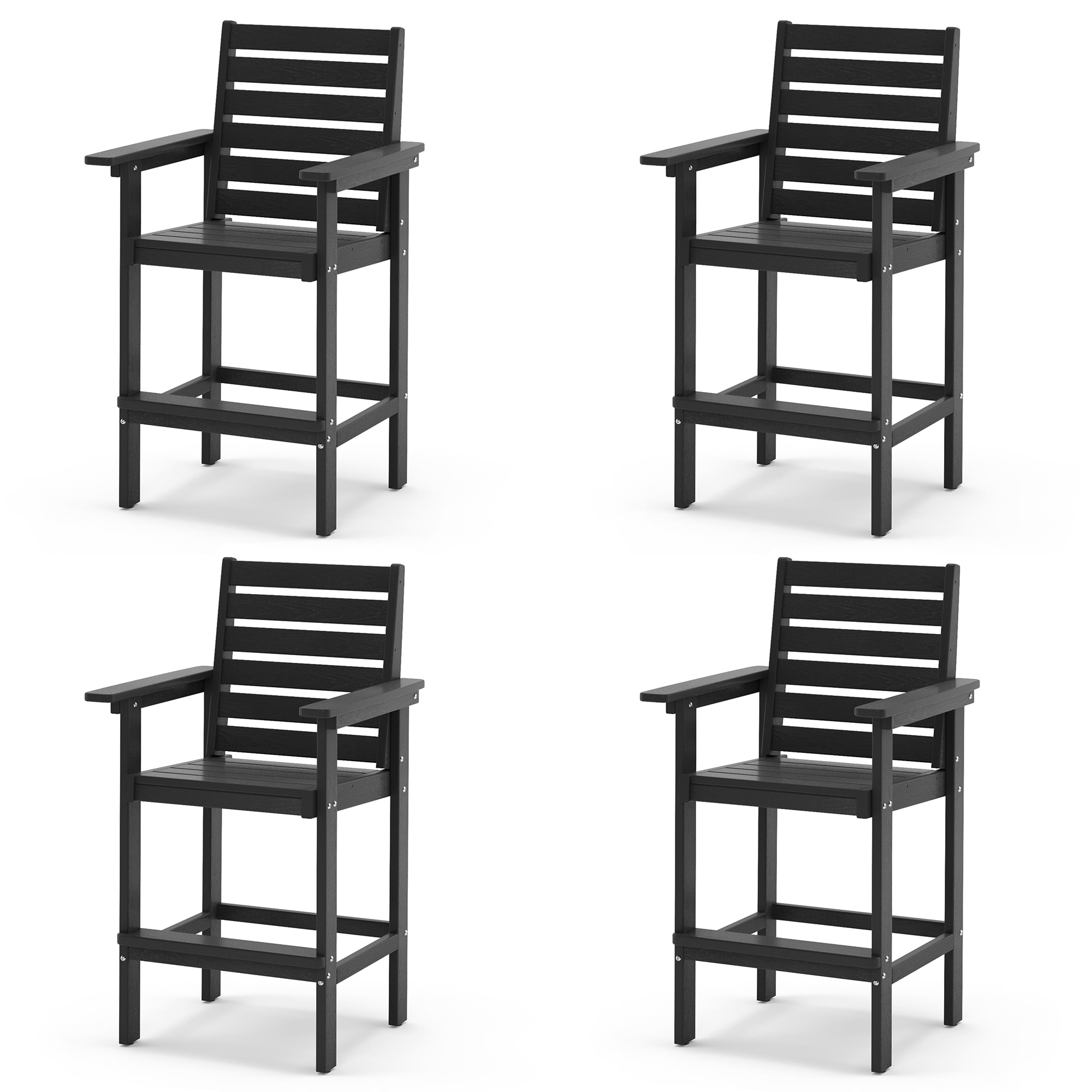 LUE BONA 4LB23DC0008-100LS Set of 4 Black HDPE Frame Stationary Bar Stool Chair with Slat Seat