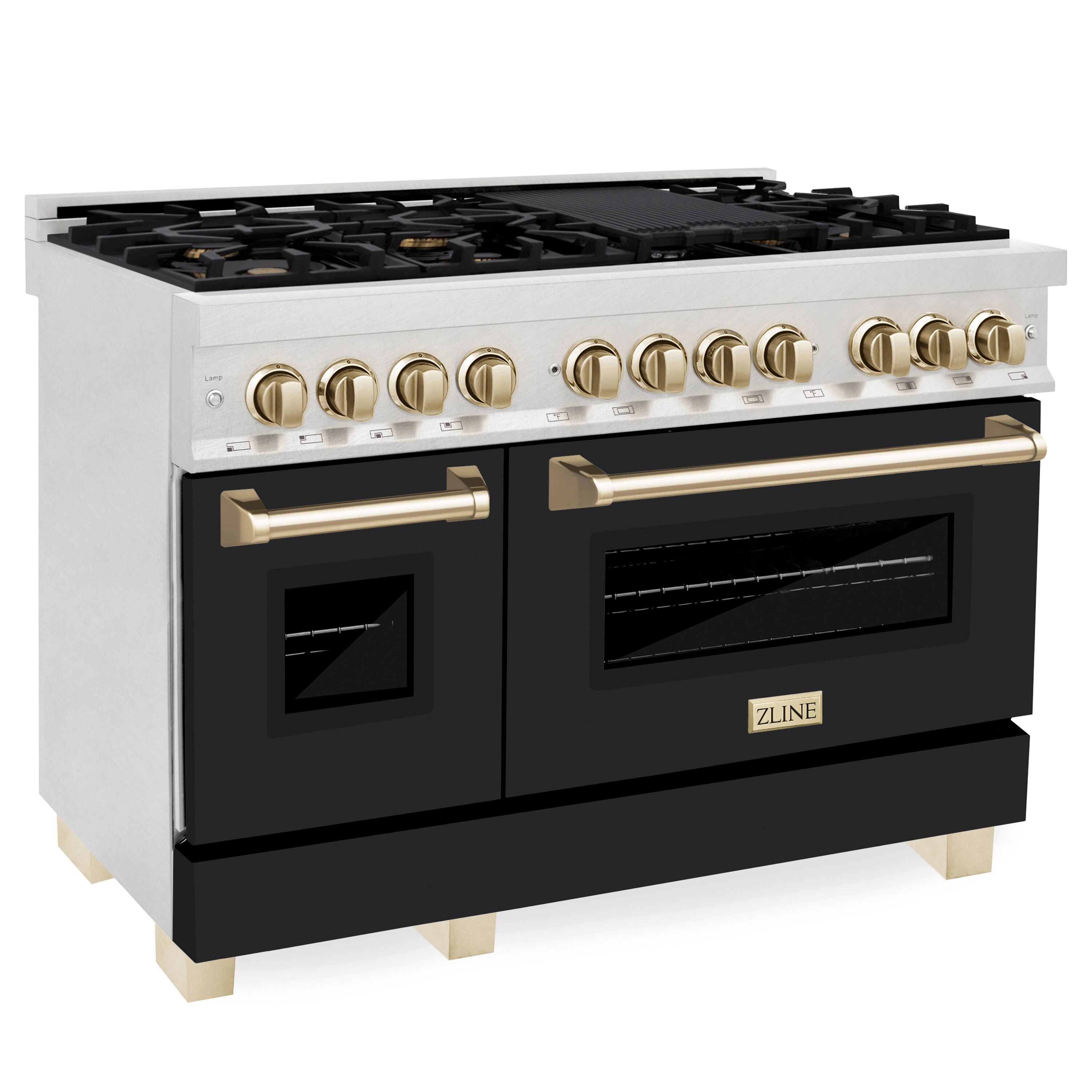 ZLINE KITCHEN & BATH RASZ-BLM-48-G Legacy 48-in Standard 4-cu ft / 2-cu ft Convection Oven Freestanding Double Oven Dual Fuel Range ( Stainless Steel, Black Matte Door, Polished Gold Accents )