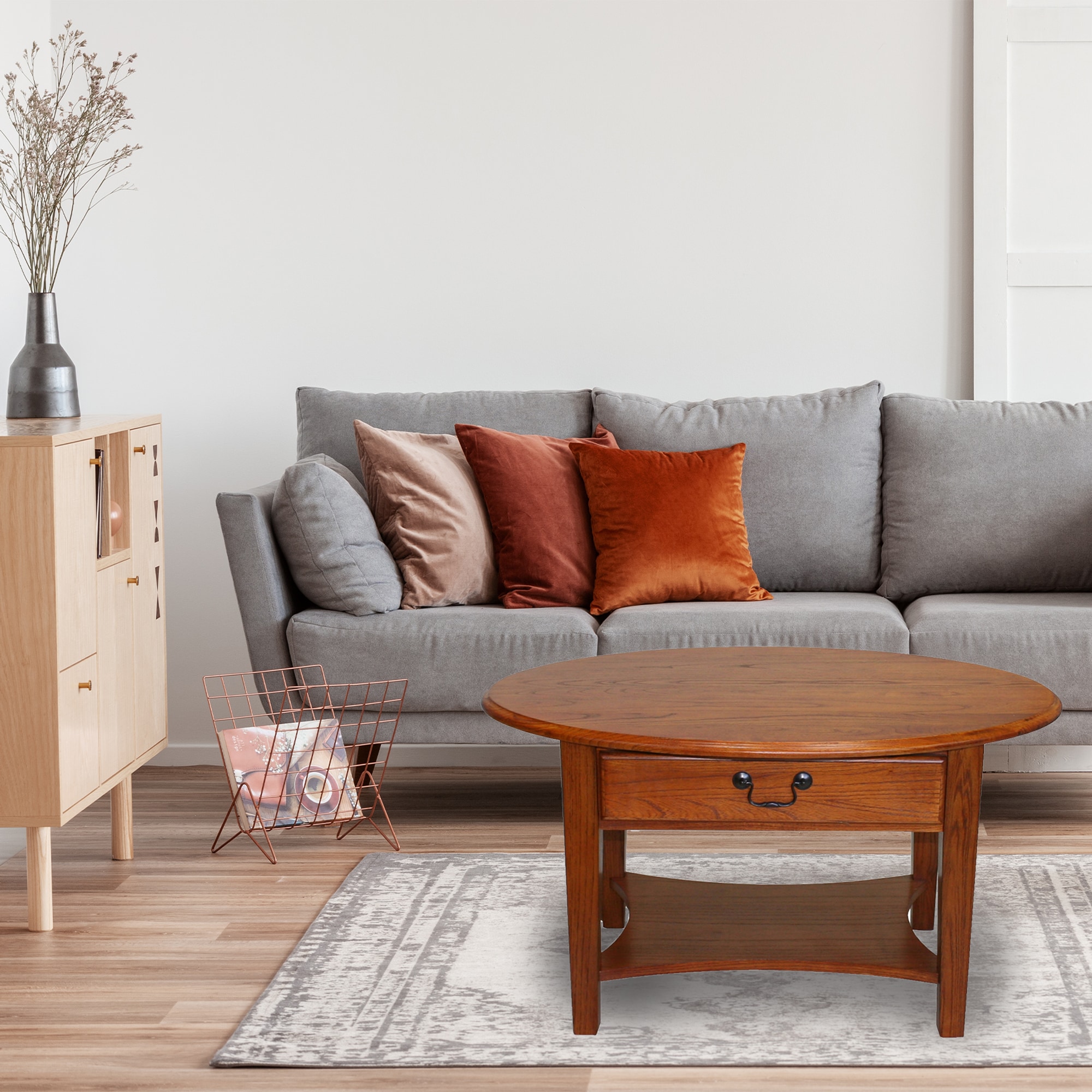 Medium Oak Oval Wood Coffee Table with Storage Drawer