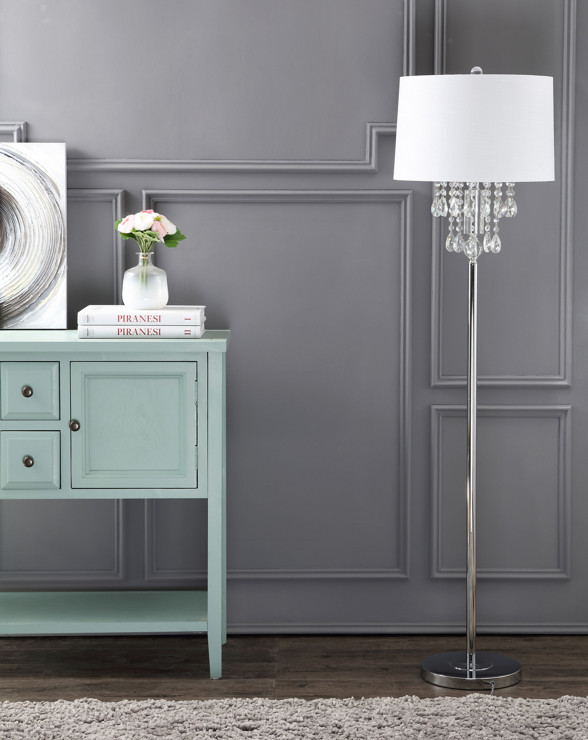 Elegant Arc 61" White Linen Shade & Crystal Floor Lamp