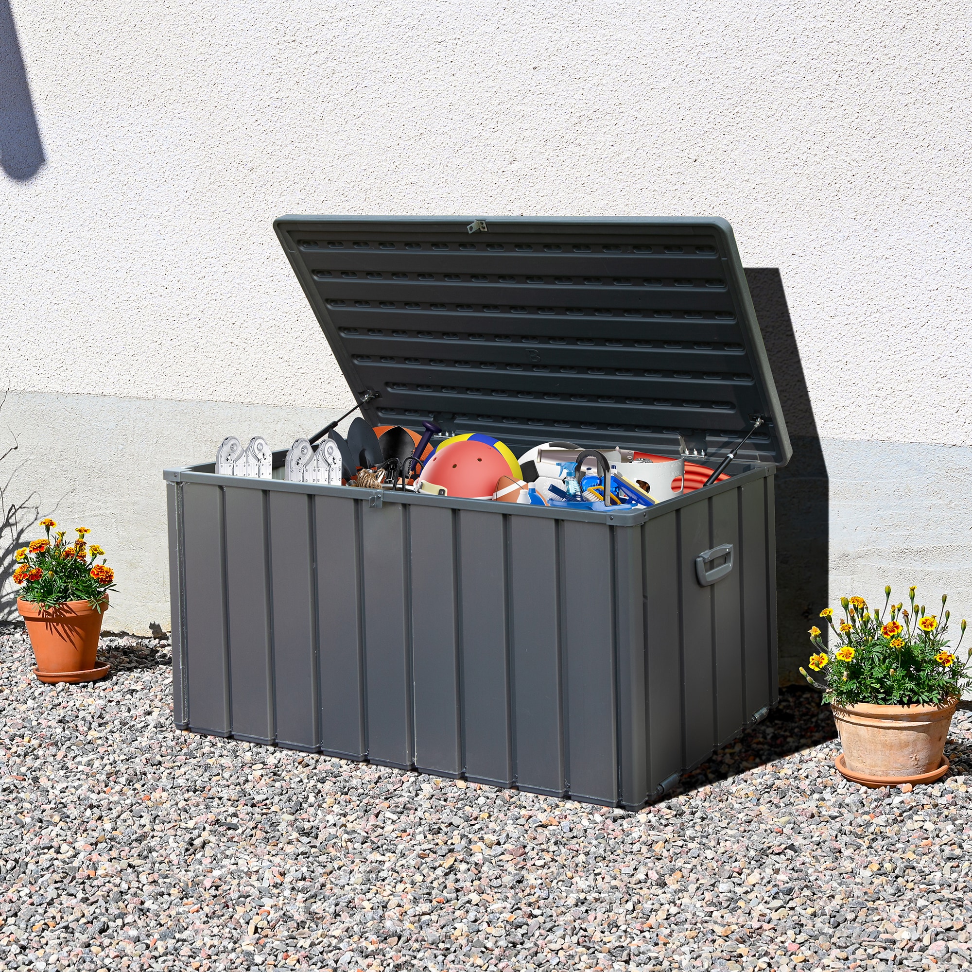 Vynxaria -  120-Gallon Dark Gray Metal Outdoor Storage Deck Box with Lockable Lid and Wheels