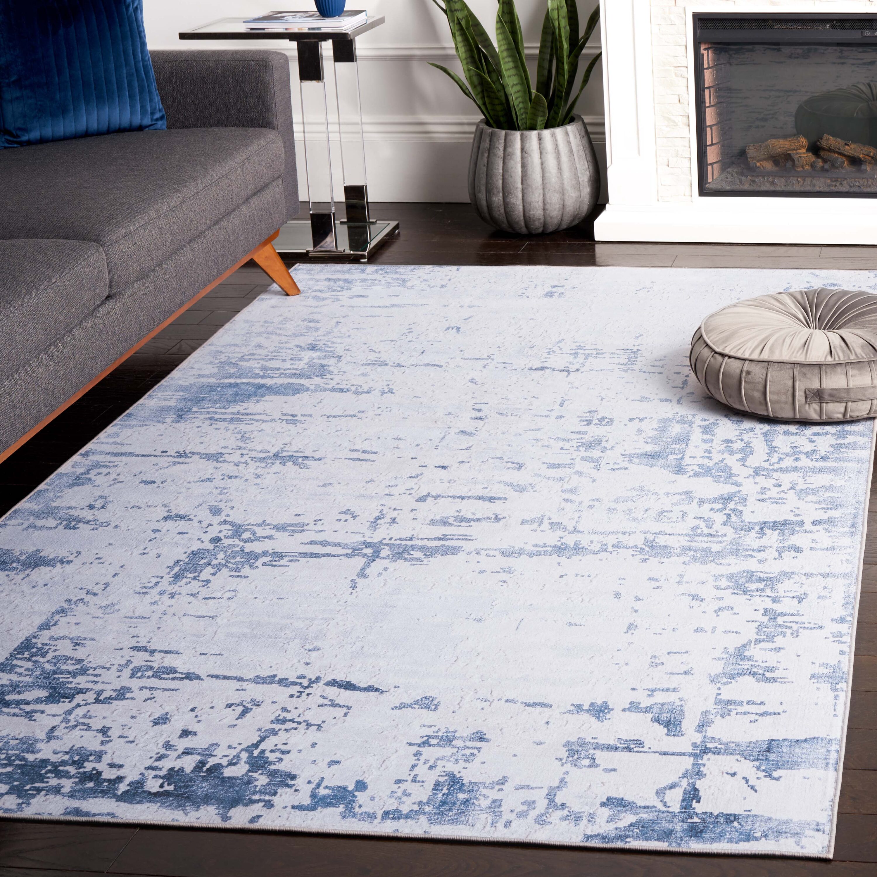 Tacoma 864F Grey Navy Machine Washable/Slip Resistant 5ft x 8ft Contemporary Rug