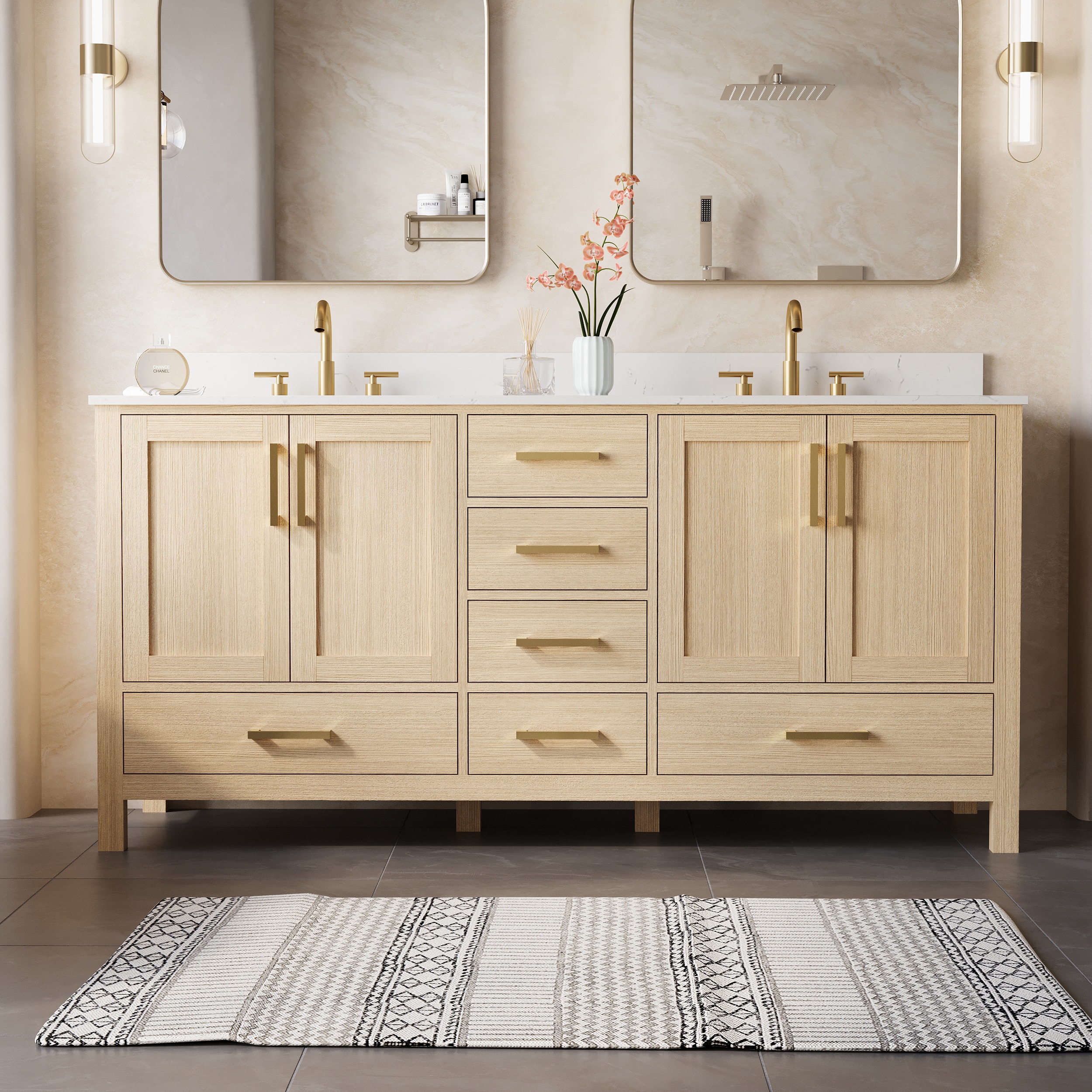Forclover - Solid Wood Bath Vanity-Gold Handle 72-in OAK Undermount Double Sink Bathroom Vanity w...