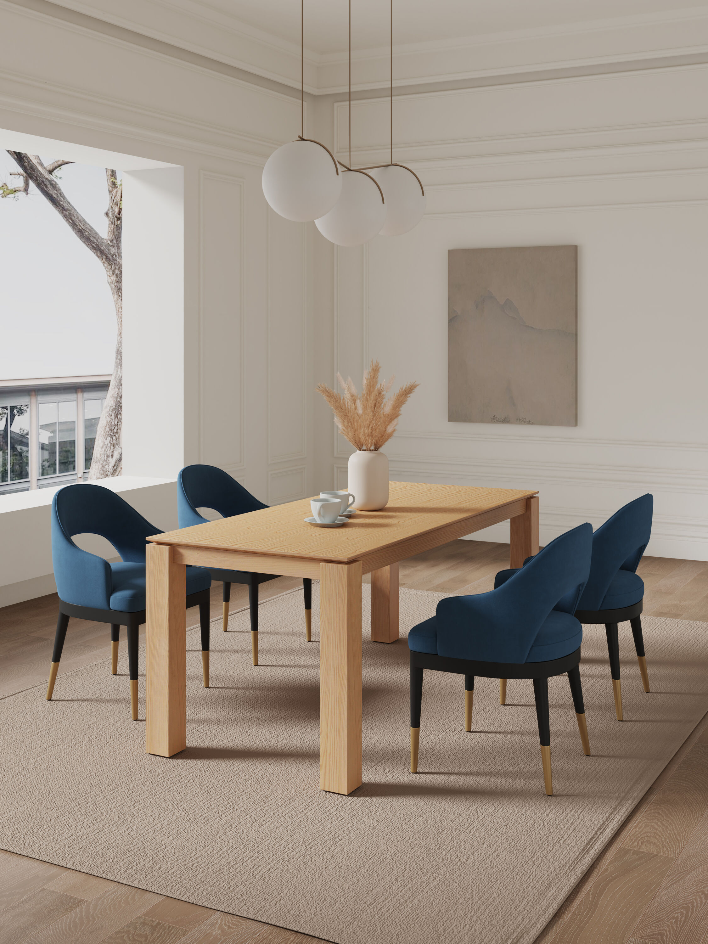 Manhattan Comfort 4-DT02DC089AR-NABL Natural and Blue Contemporary/Modern Dining Room Set with Rectangular Table ( Seats 8 )