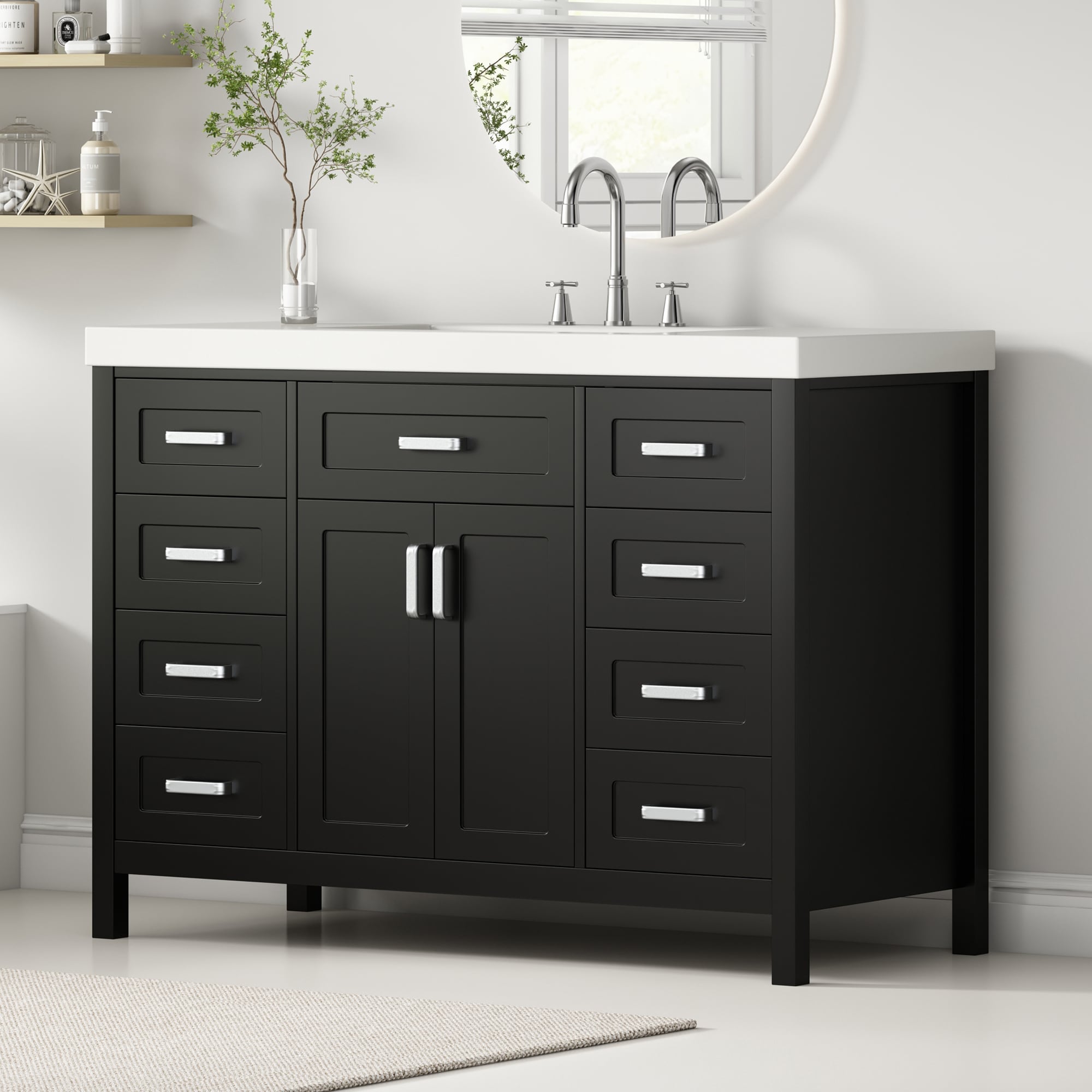 JUSHUA - 48 inch Black Bathroom Vanity with Sink 2 Doors 8 Drawers Soft Close System and Classic ...
