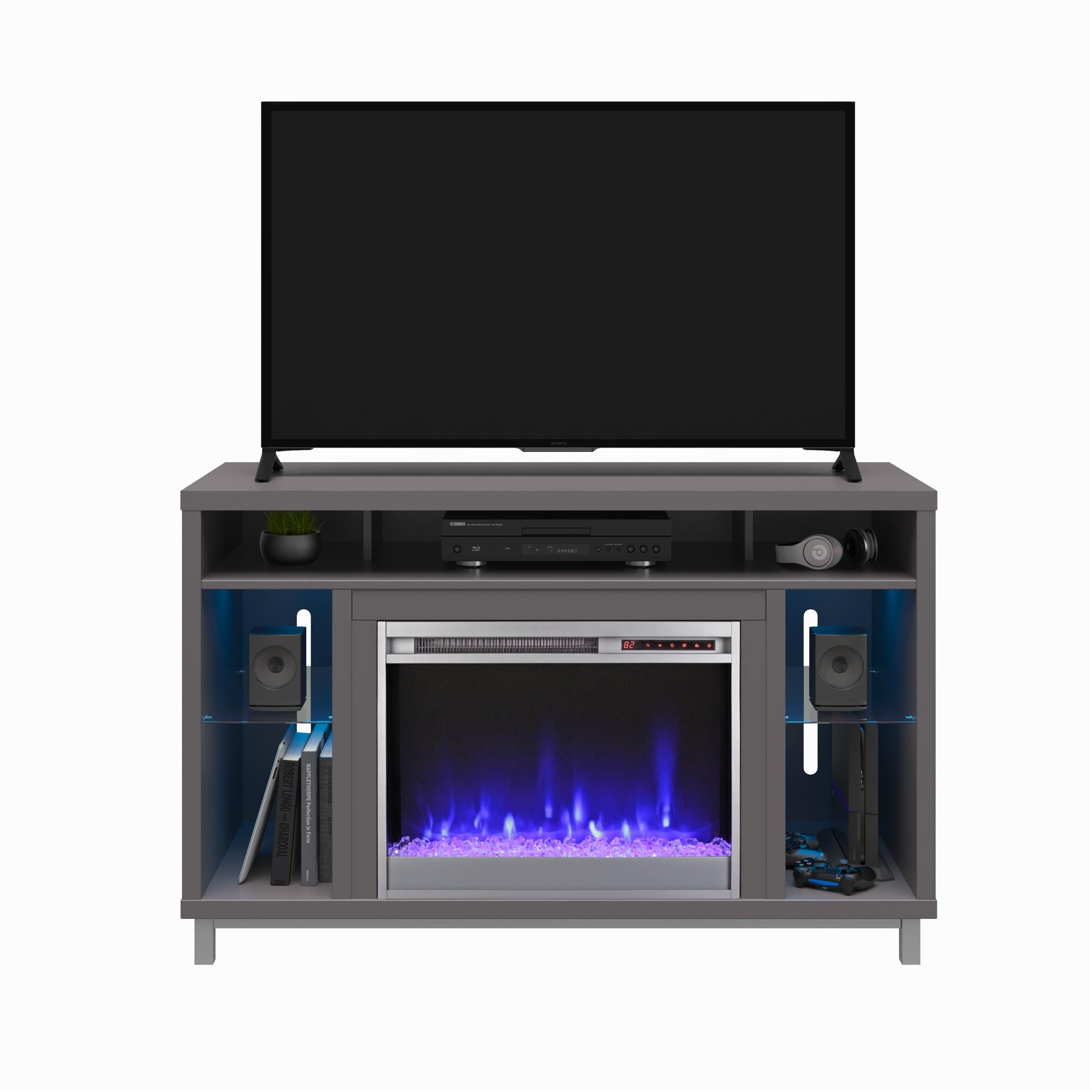 Ameriwood Home 1444408COM 47.5-Inches W Graphite Grey TV Stand with Fan-forced Flat wall Electric Fireplace with Remote Control Included