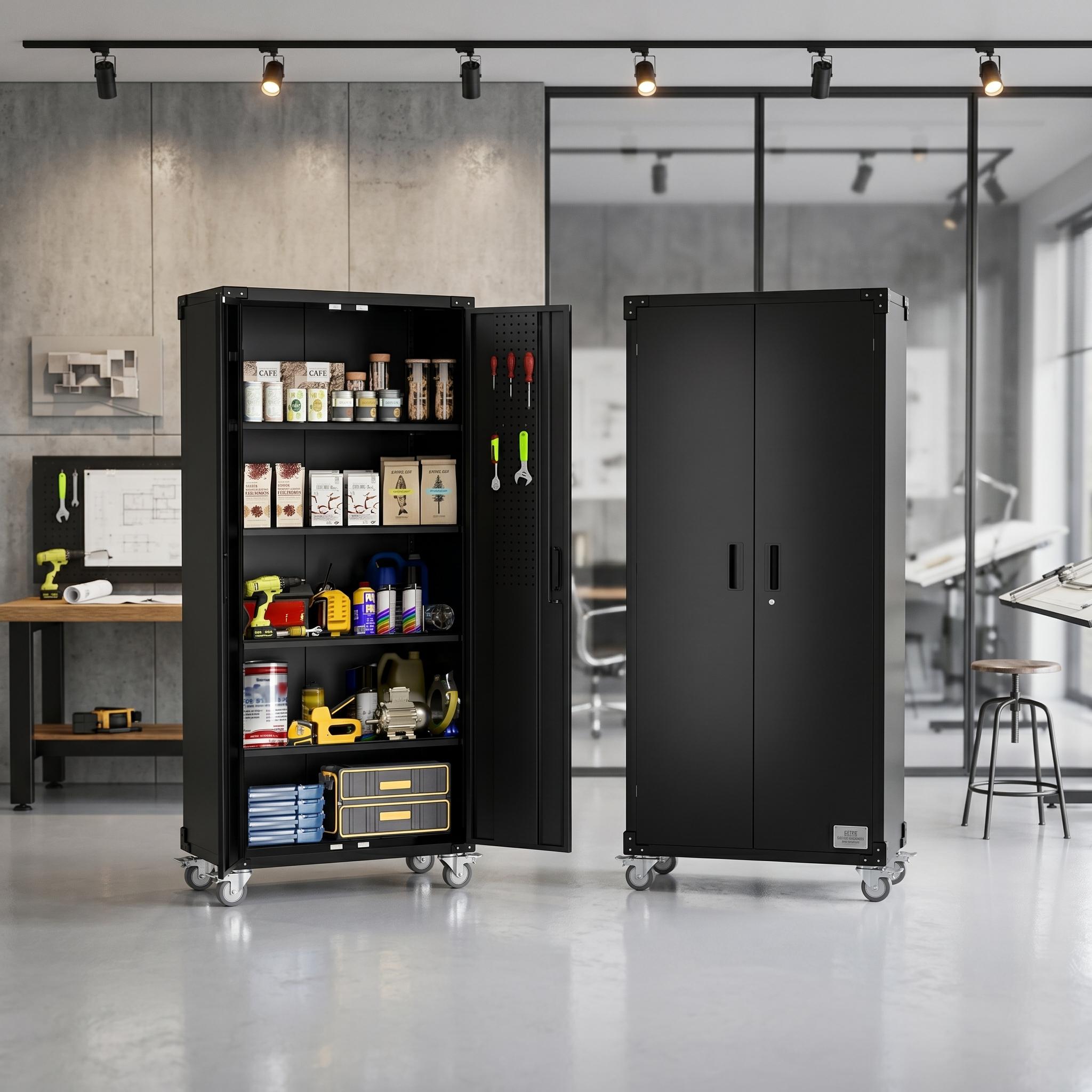 IdealHouse 72 inch Heavy Duty Metal Storage Cabinet with Wheels Lockable Steel Tool Cabinet with Pegboard and 4 Adjustable Shelves for Garage Home or Office