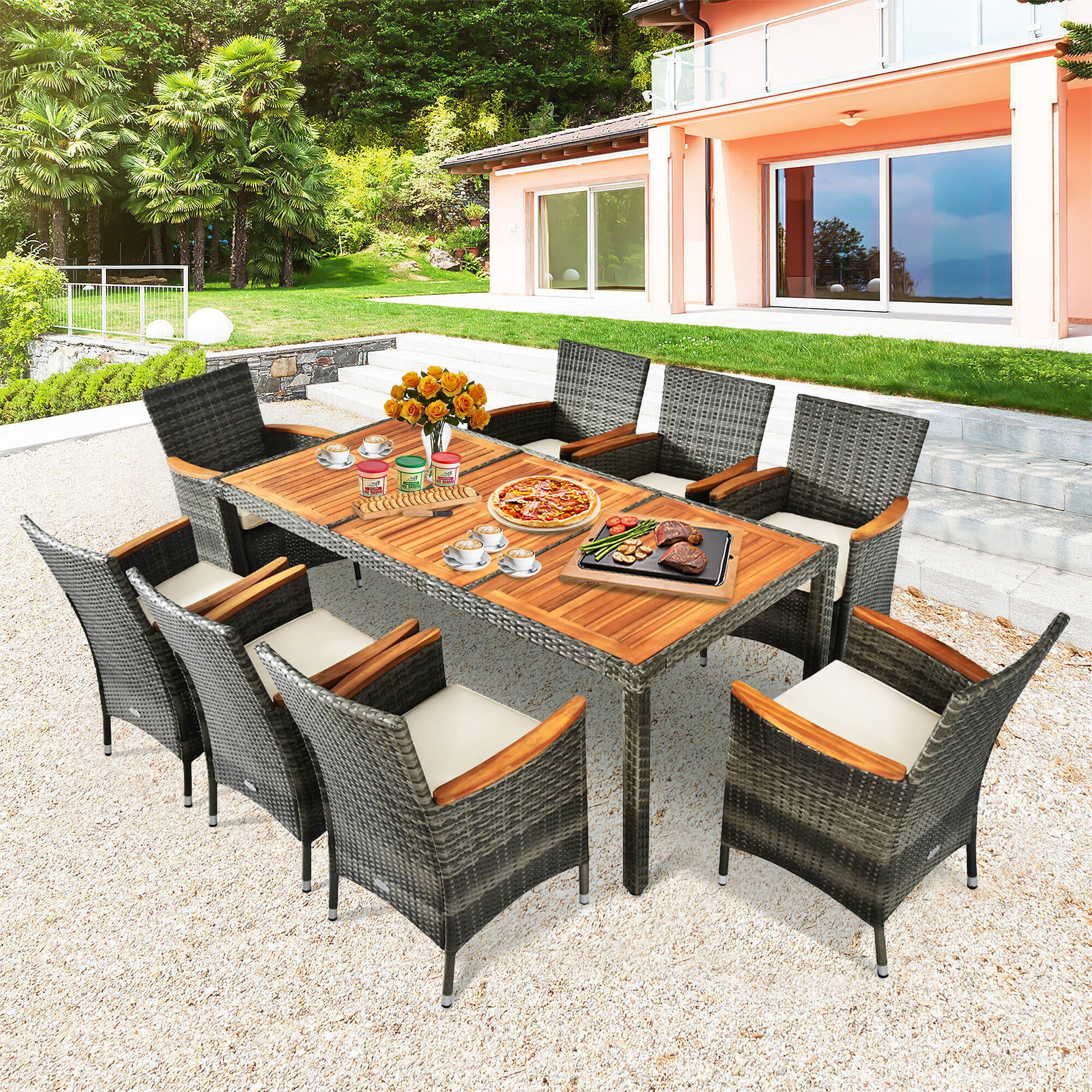 WELLFOR 9-Piece Gray Rattan Patio Dining Set Steel Rectangle Table with ...