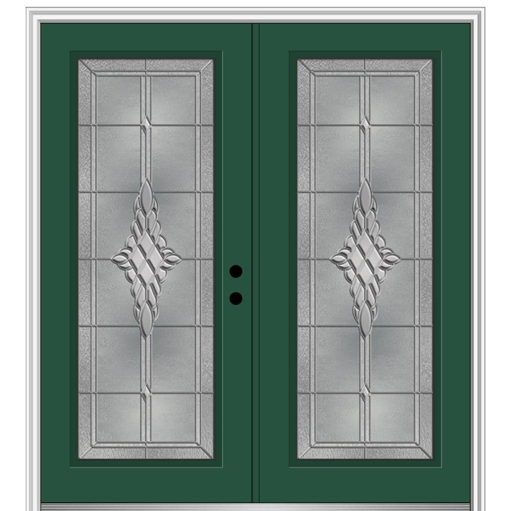 MMI DOOR ZZ366265L 72-in x 80-in x 6-9/16-in Fiberglass Full lite Left-hand inswing Hunter Green Painted Prehung Double Front Door with Brickmould Insulating core