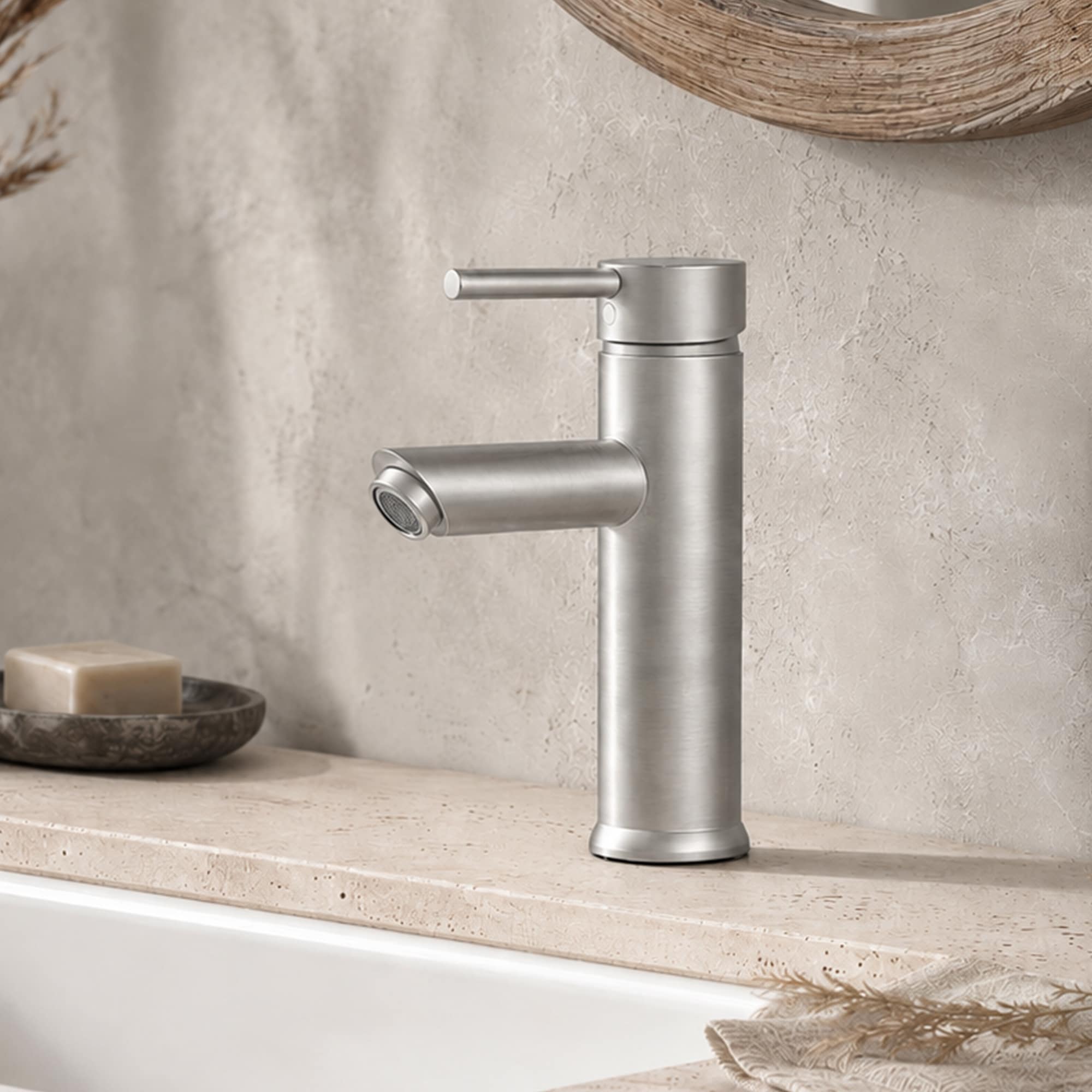 BWE - Monoline Brushed Nickel Single hole 1-handle Mid-arc Bathroom Sink Faucet with Drain with D...