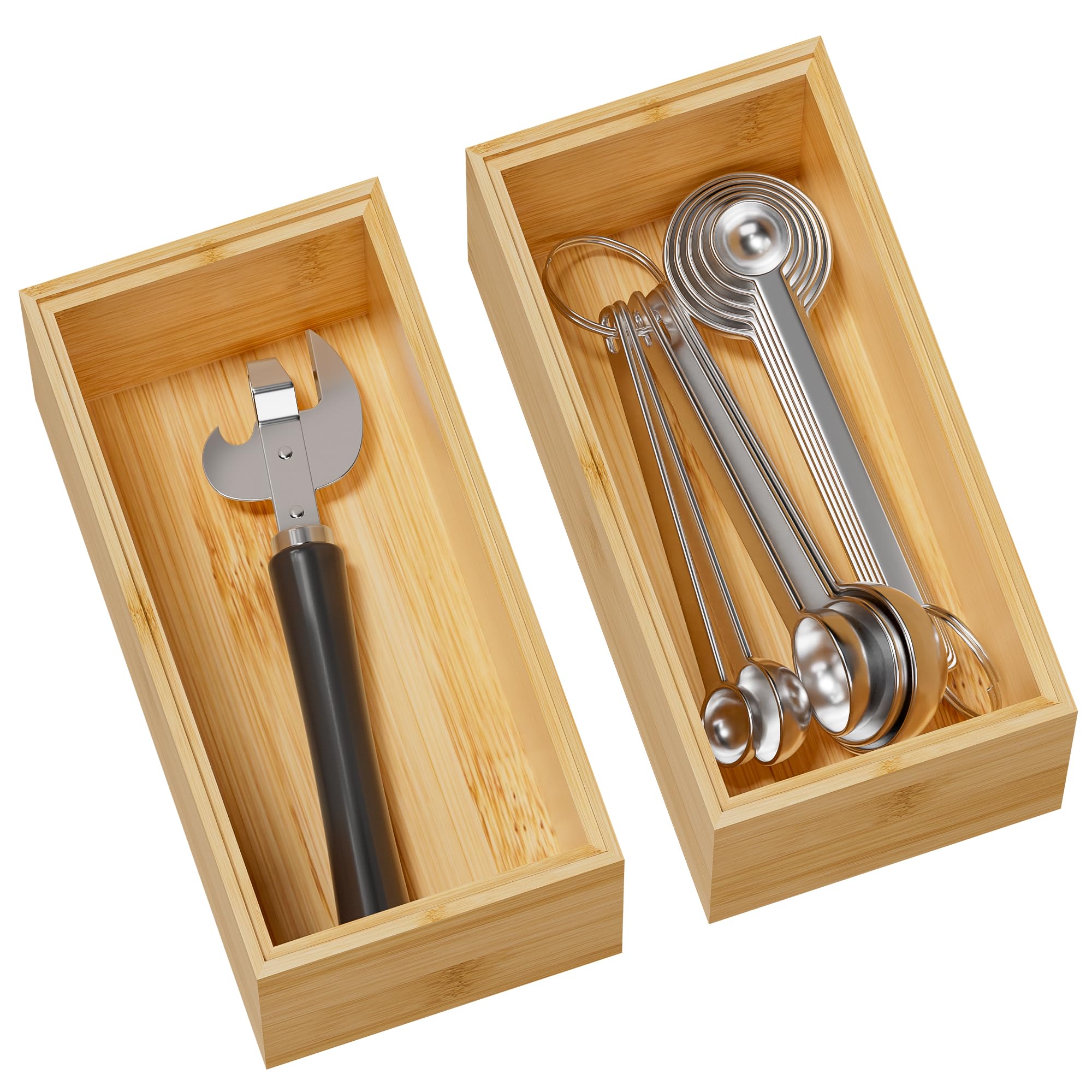 Phewnyzo  Bamboo Drawer Organizer Set of 2 Stackable Deep Storage Bins for Kitchen Utensils Silverware Cutlery Flatware Bathroom Dresser 6 x 3 x