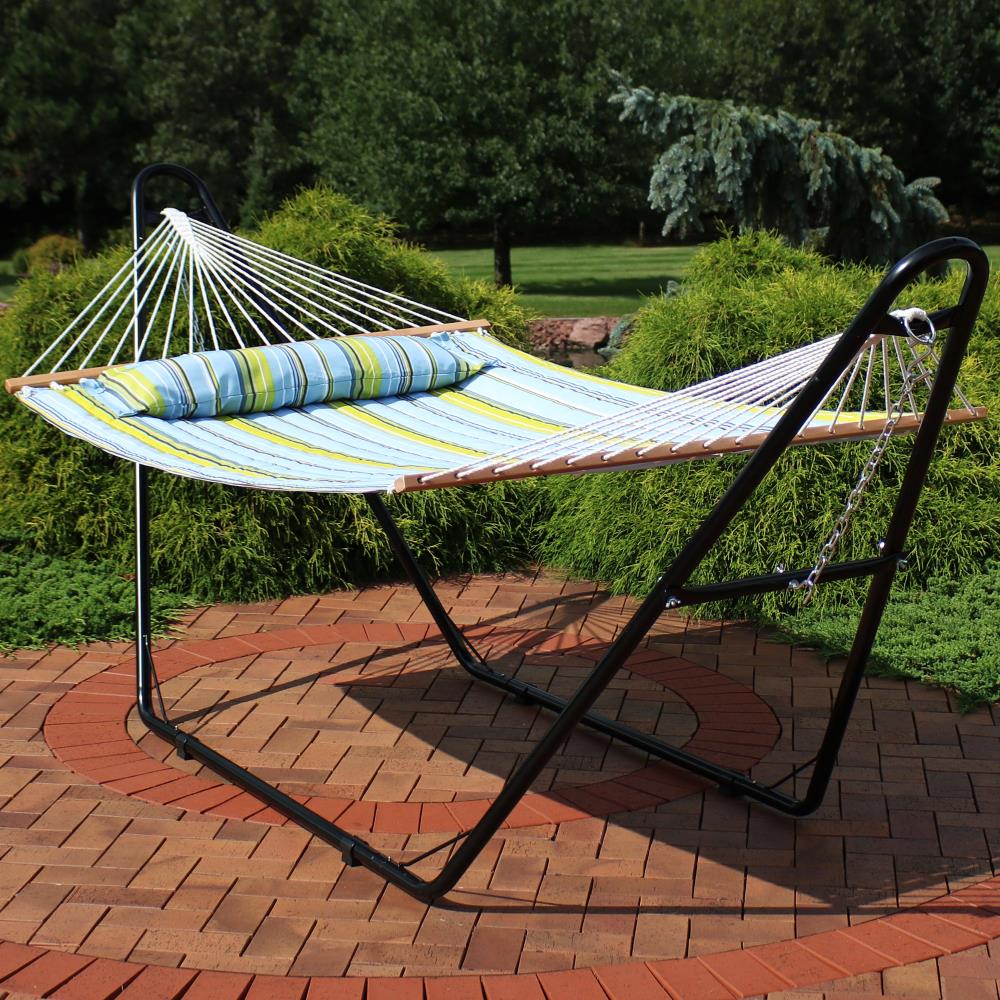 Sunnydaze Decor Sunnydaze Quilted Double Hammock with Multi-Use Stand Blue and Green Stripe Fabric Hammock with Stand