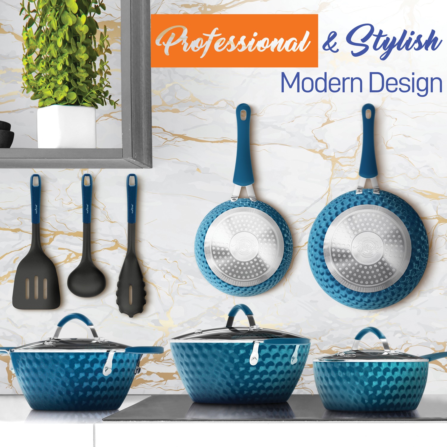 NutriChef 17 Pcs. Modern Kitchen Cookware Design- Non-Stick Cookware Set ( Blue)