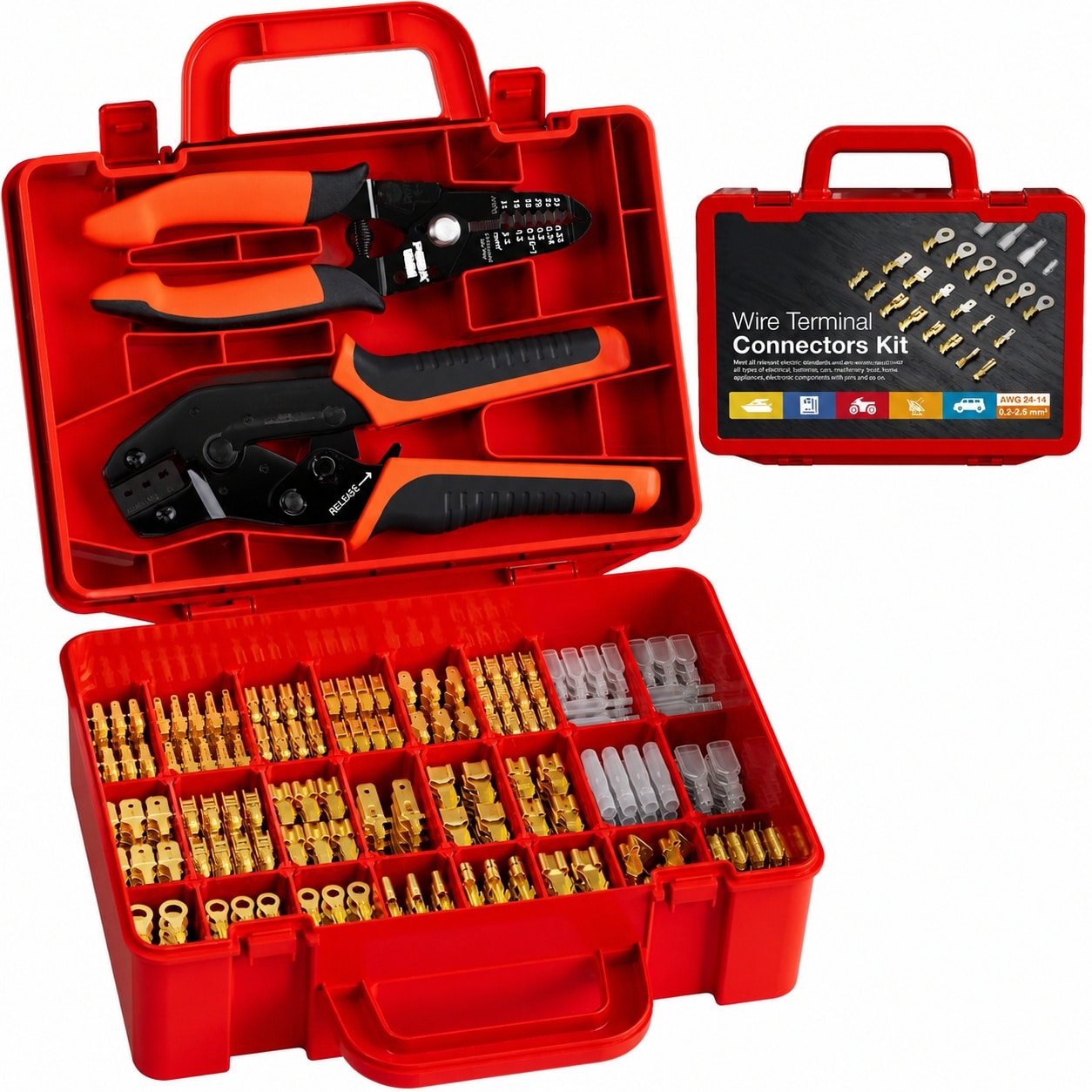 Lukvuzo Crimping Tool and Spade Connectors Kit with Ratchet Pliers and Wire Strippers for AWG 24-14 Open Barrel Terminals and Speaker Connectors #LLU0821L421